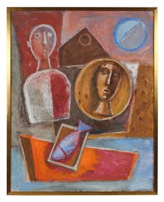 Mid Century Modernist Still Life with Portraits, Oil Painting