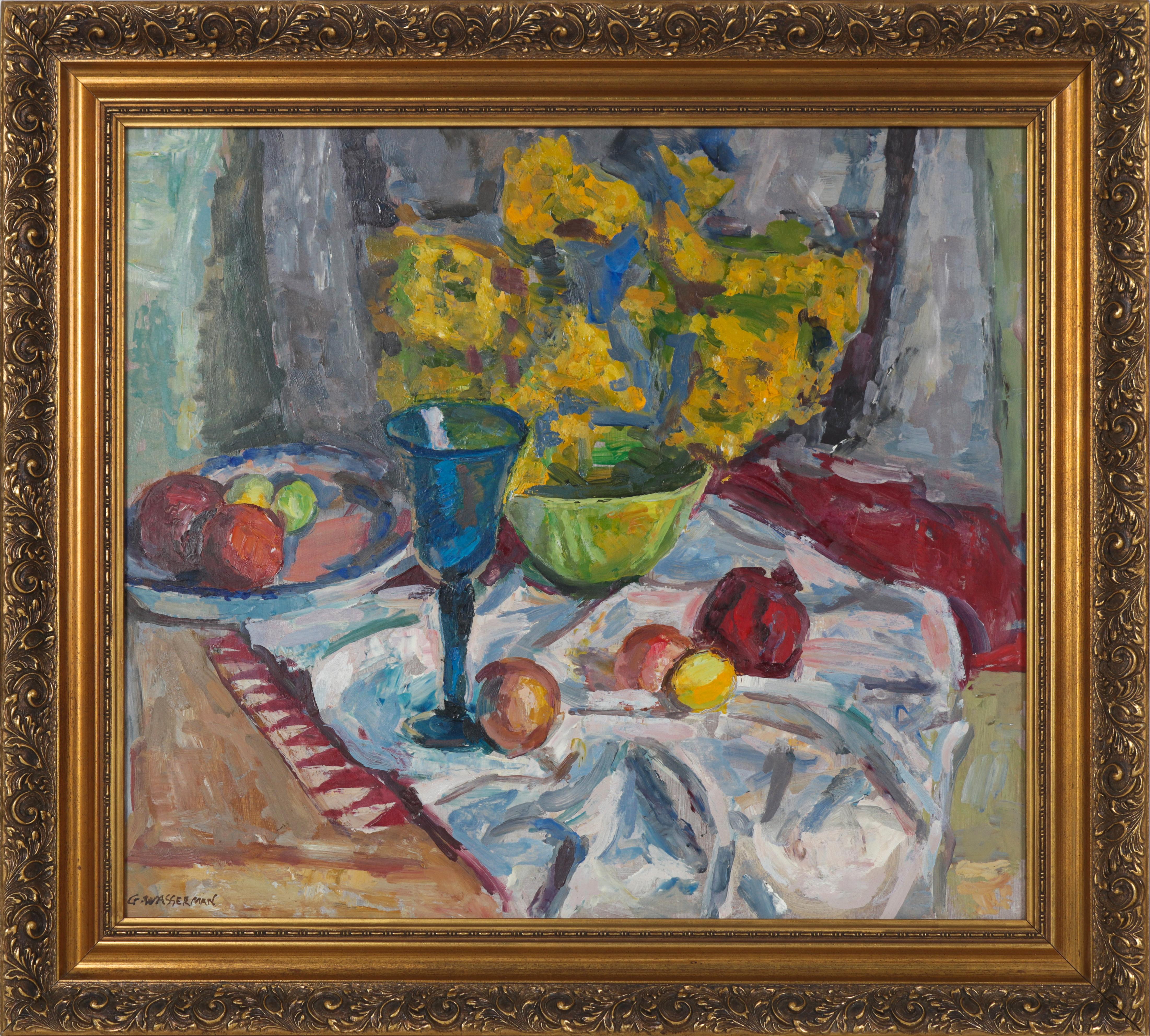 Gerald Wasserman Still-Life Painting - Still Life with Flowers & Fruit 20th Century Oil