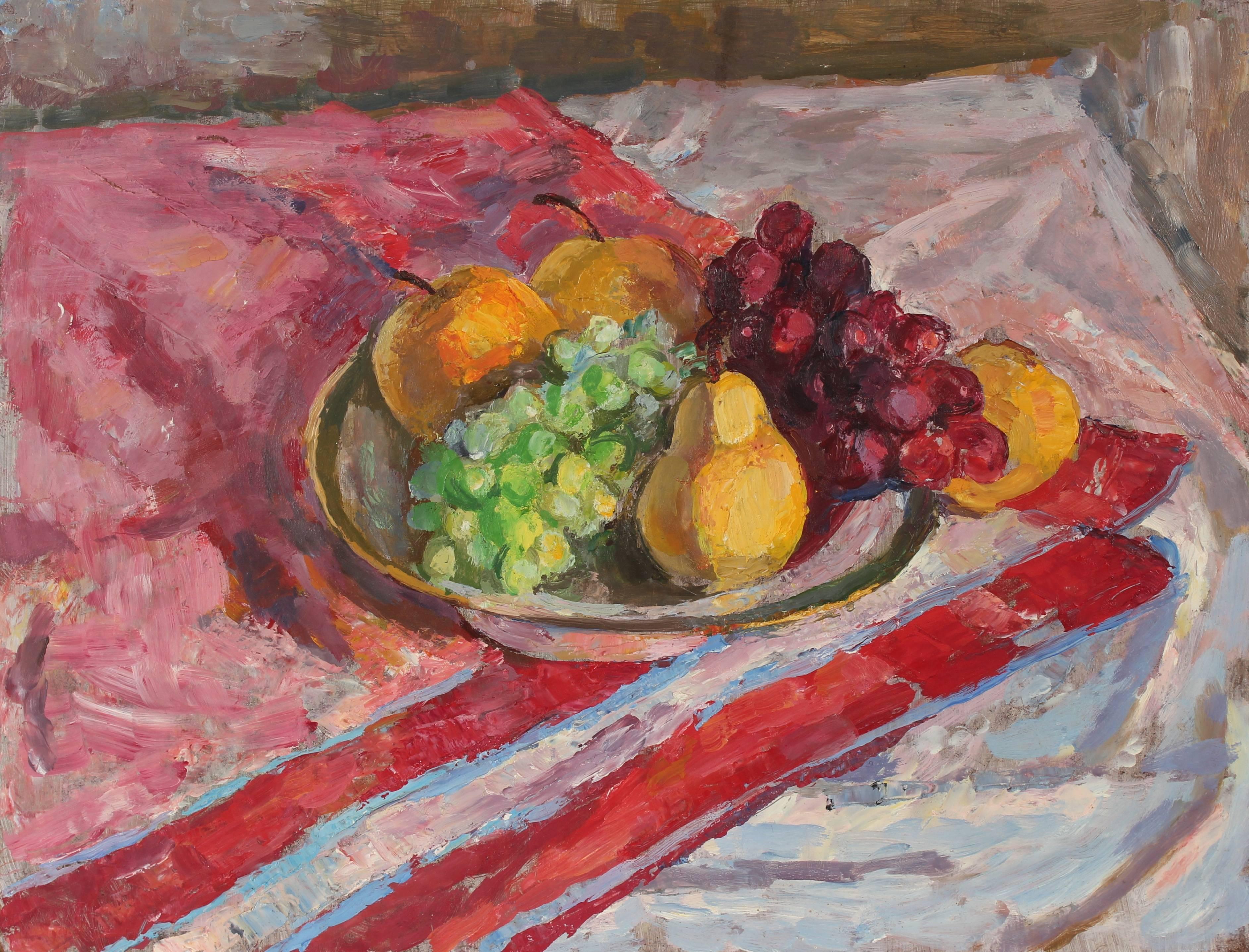 Gerald Wasserman Still-Life Painting - Tabletop Still Life with Fruit, Oil Painting, 20th Century