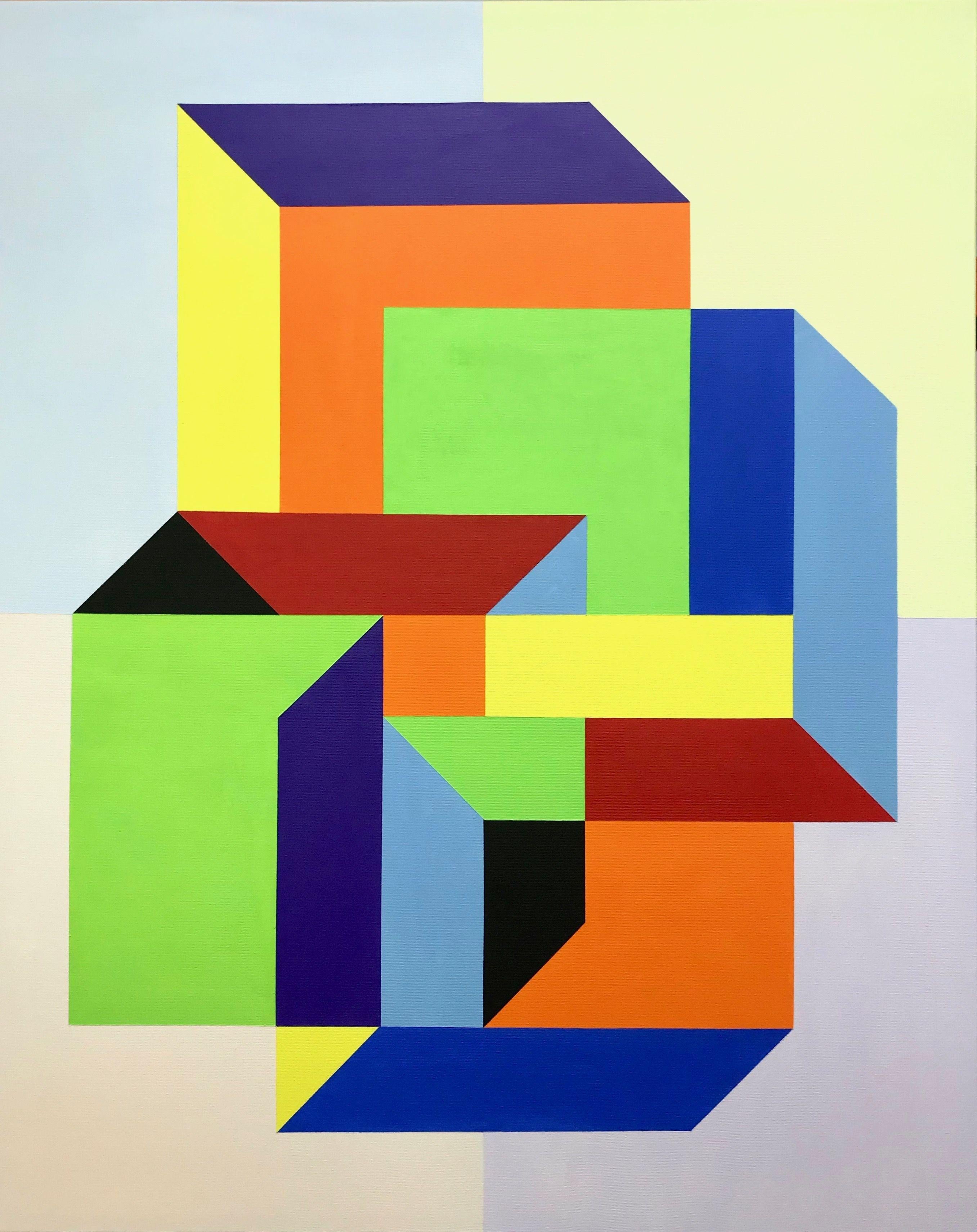 This work depicts the fusion of four identical cubes each viewed from a different angle but assembled in a way that could not be done in reality.  The challenge is to find a way to have each cube share an edge and/or an area with a neighbouring cube