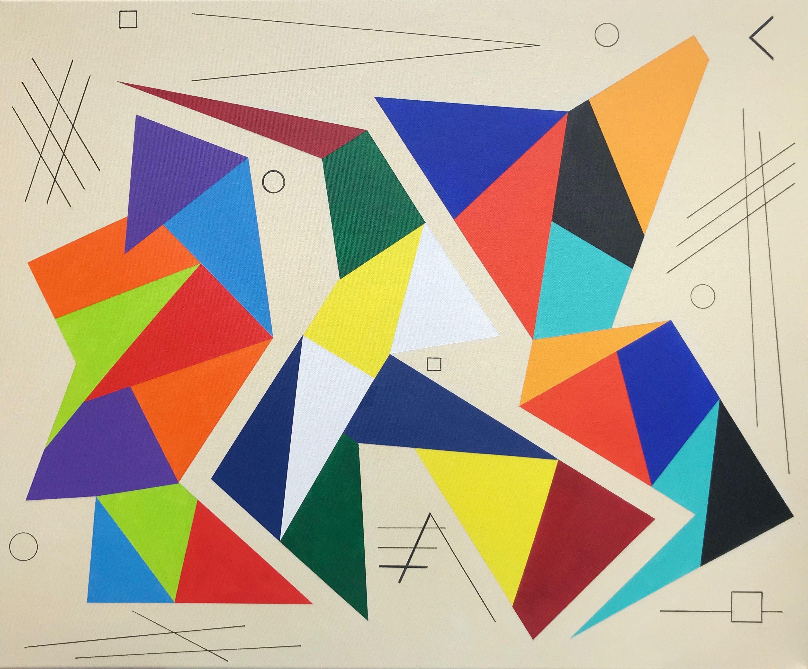Arrangement of 3 different geometric shapes each with a different set of colours from the others - having a Harlequin feel, presented on a beige background and complemented by simple geometric elements :: Painting :: Cubism :: This piece comes with