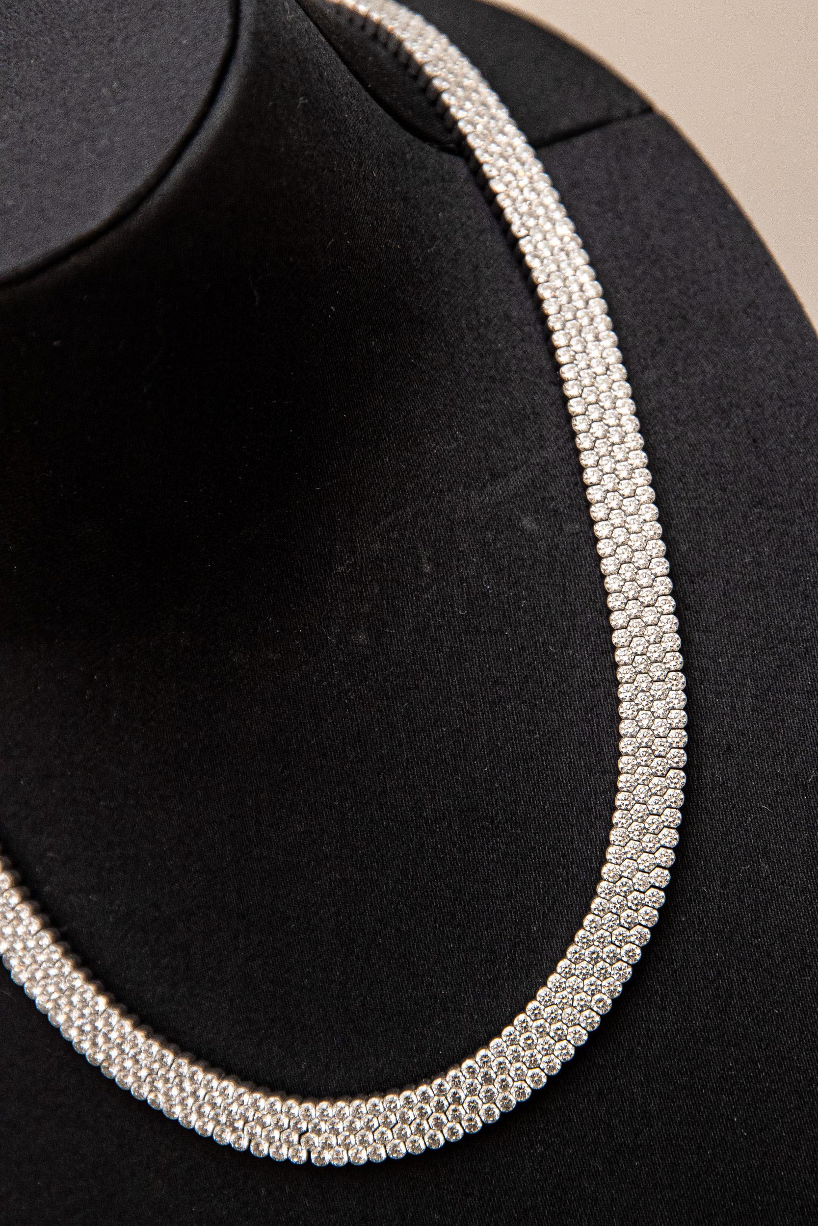 Contemporary Geraldo 57.10 Carat 4 Row Diamond White Gold Invisible Setting Necklace For Sale