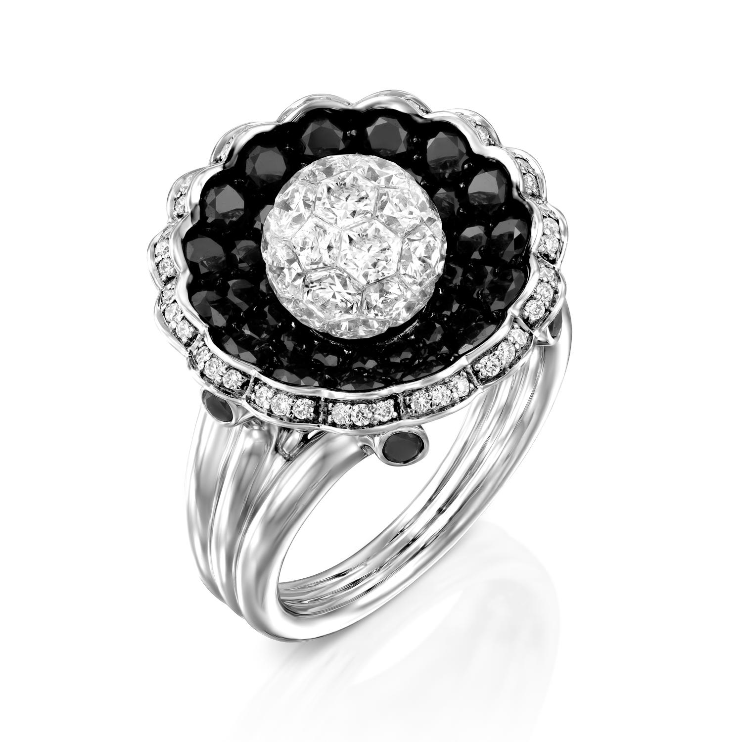 Indulge in the ultimate luxury with the Geraldo Diamond Sphere White Black Diamonds Invisible Setting Ring, a true masterpiece of jewelry design. Boasting a stunning Diamond Sphere made from an invisible set of round white diamonds weighing 3.69