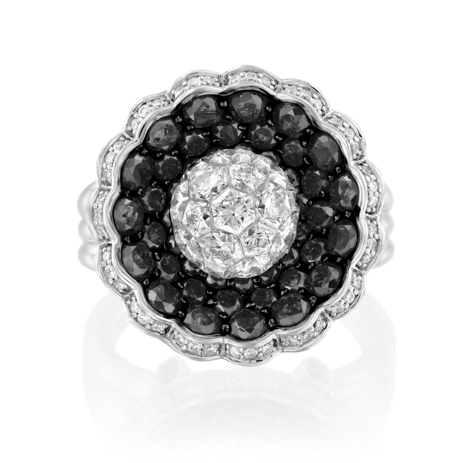 Geraldo 6,06 Karat Diamantkugelring mit weißen, schwarzen und schwarzen Diamanten in unsichtbarer Fassung (Zeitgenössisch) im Angebot