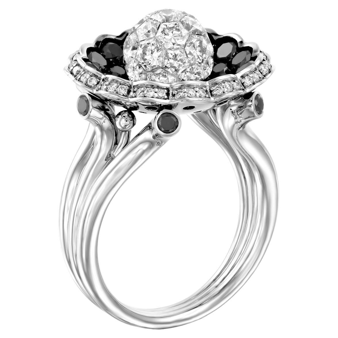 Geraldo Bague sphère en diamants blancs et noirs de 6,06 carats à monture invisible en vente