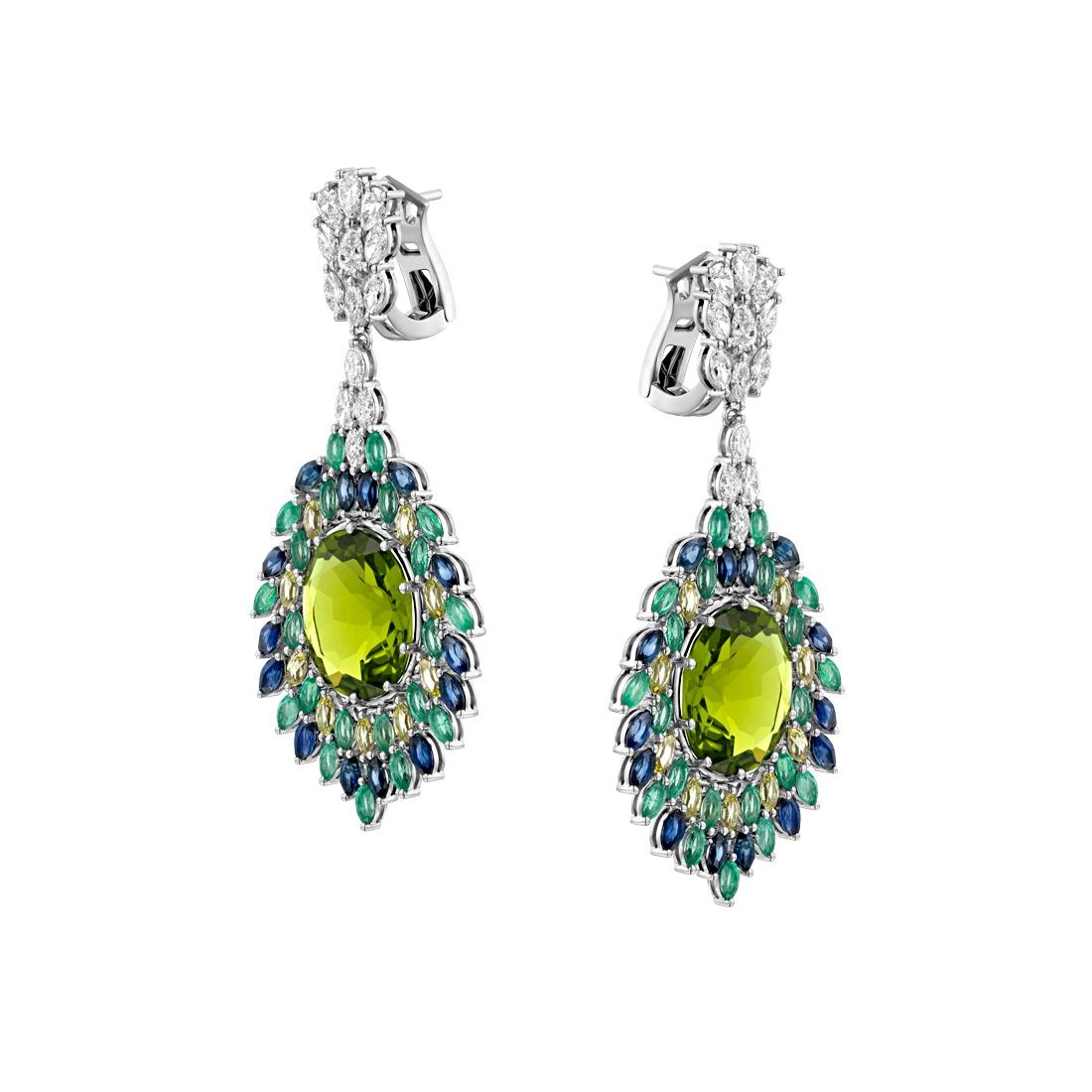 Contemporary Geraldo Emerald Sapphire Diamond Peacock Earrings For Sale