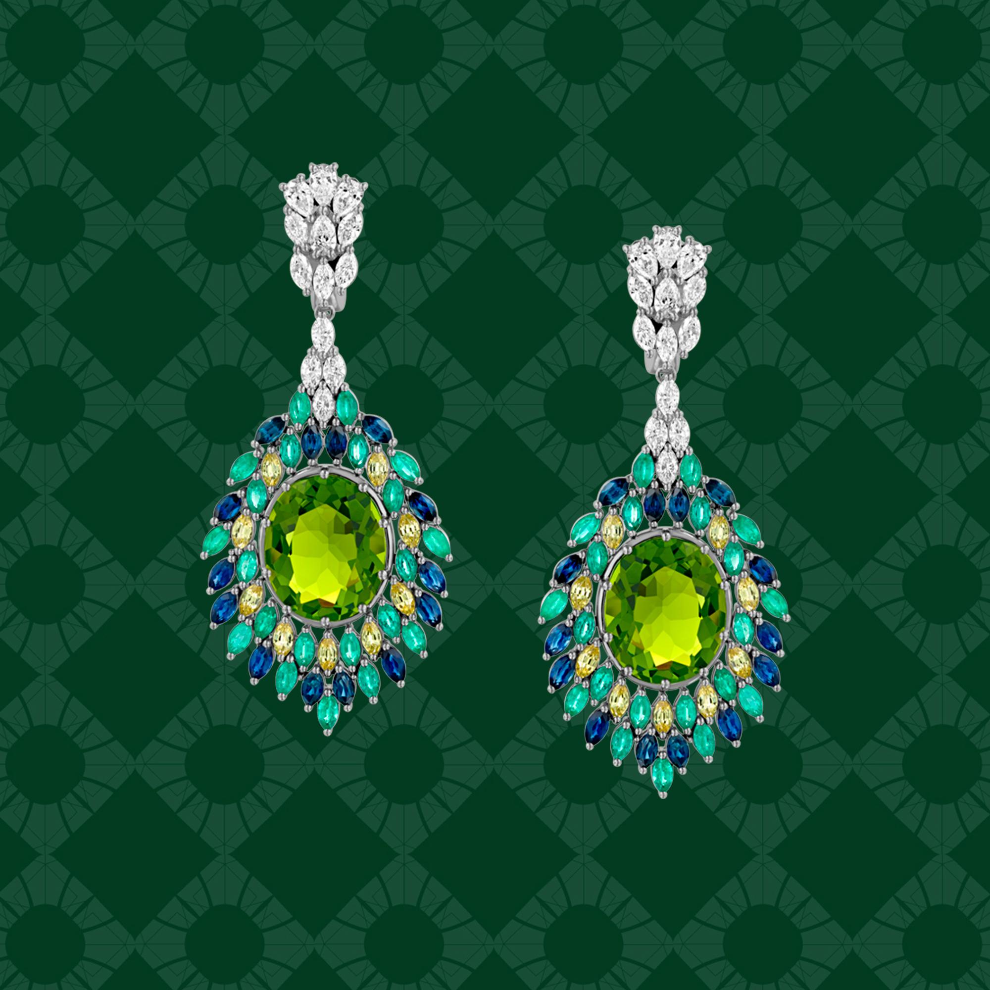 Marquise Cut Geraldo Emerald Sapphire Diamond Peacock Earrings For Sale