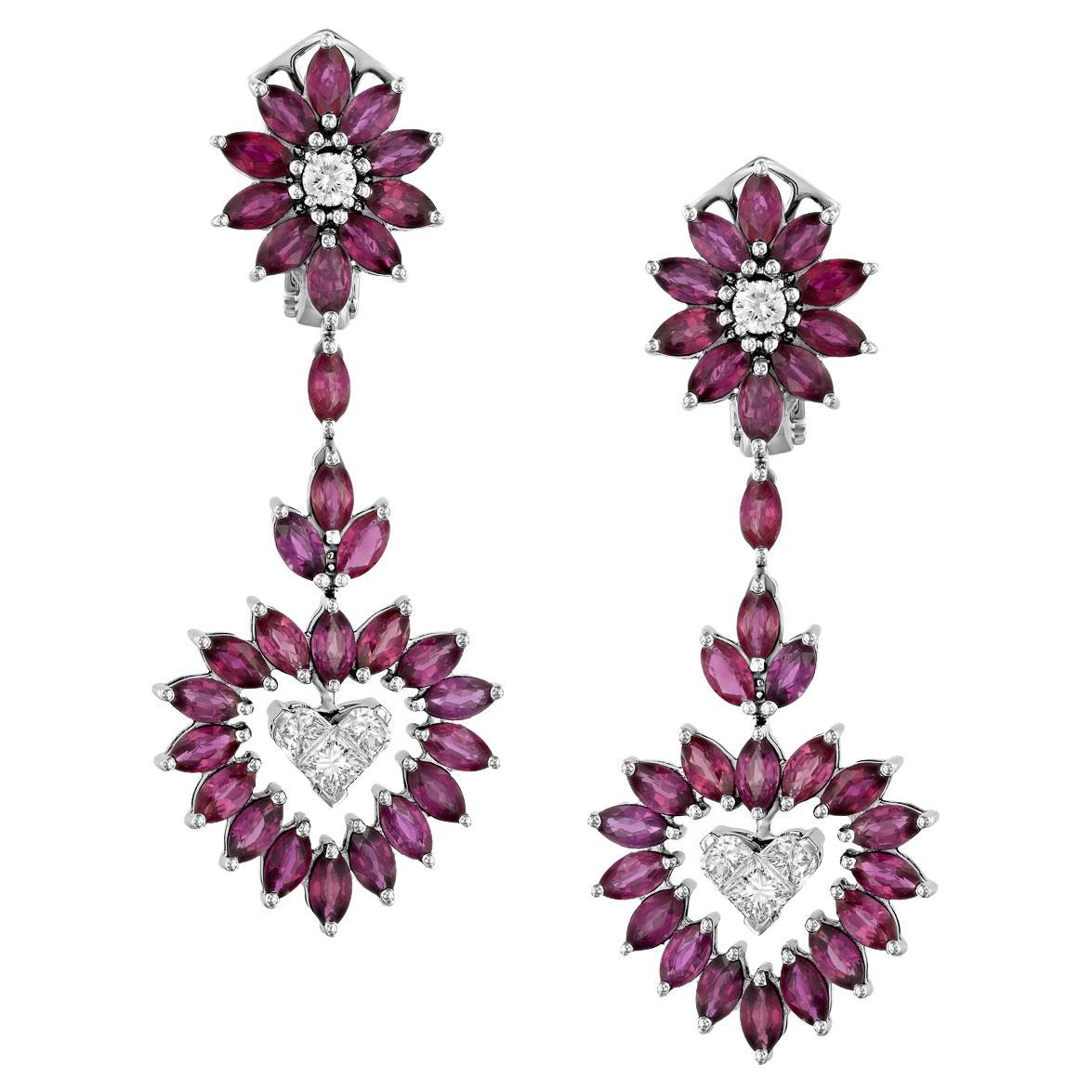 Geraldo Ruby Diamond White Gold Heart Earrings For Sale