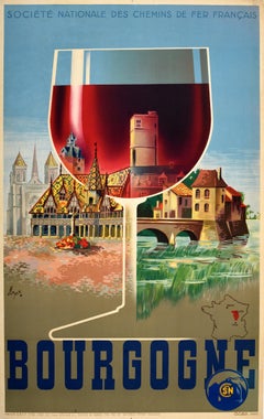 Original Vintage Train Travel Poster Bourgogne Burgundy Wine SNCF Railway France