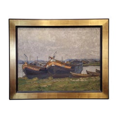 Art Deco oil on canvas "Boats Moored on a Shore" by Gerard Beuthner, Poland
