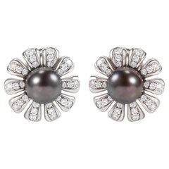 Gerard Black Pearl and Diamond Flower Earrings in 18k White Gold