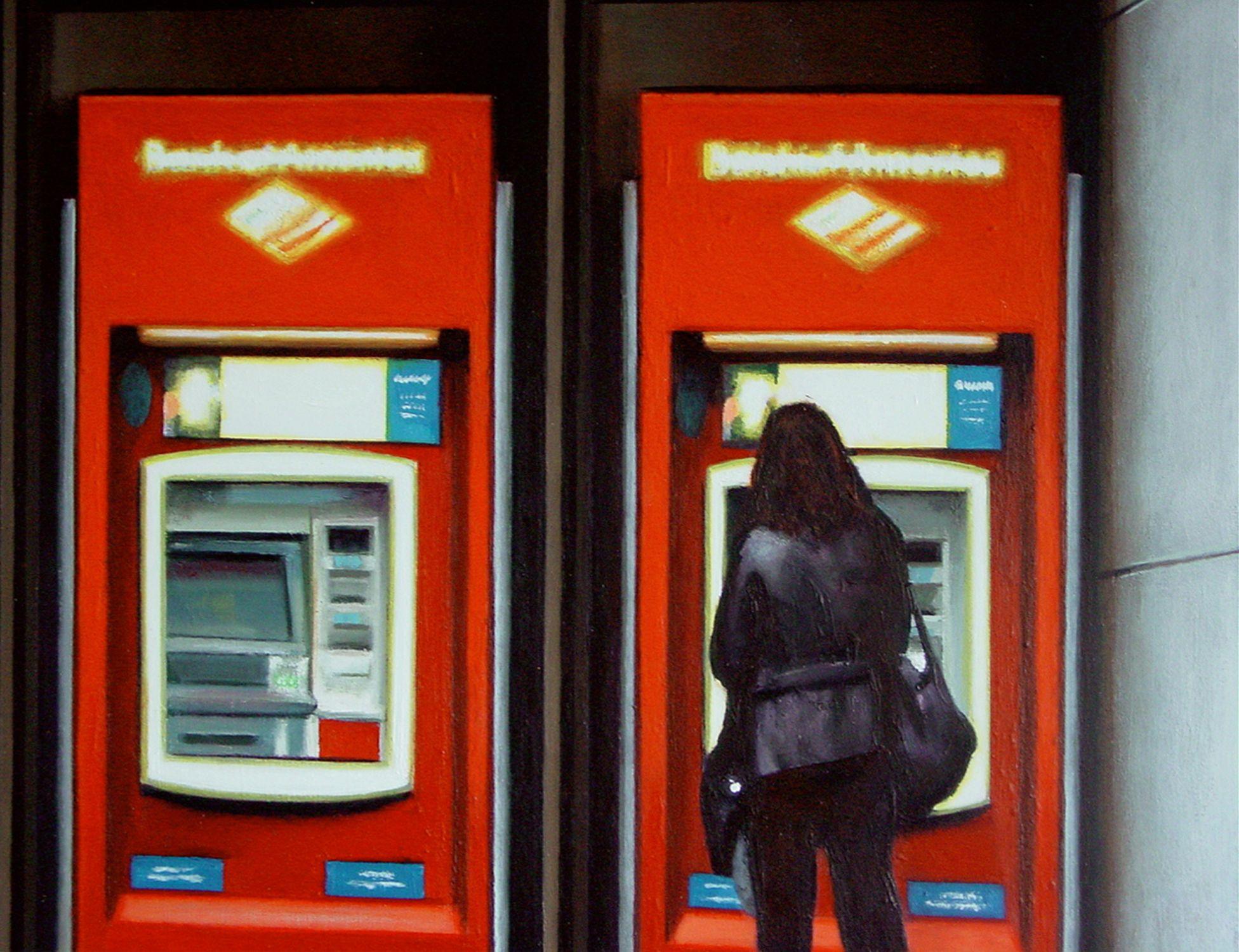 In Los Angeles I saw this woman getting cash at an ATM machine of Bank Of America  and thought it would make a perfect motive for a painting.  :: Painting :: Photorealism :: This piece comes with an official certificate of authenticity signed by the