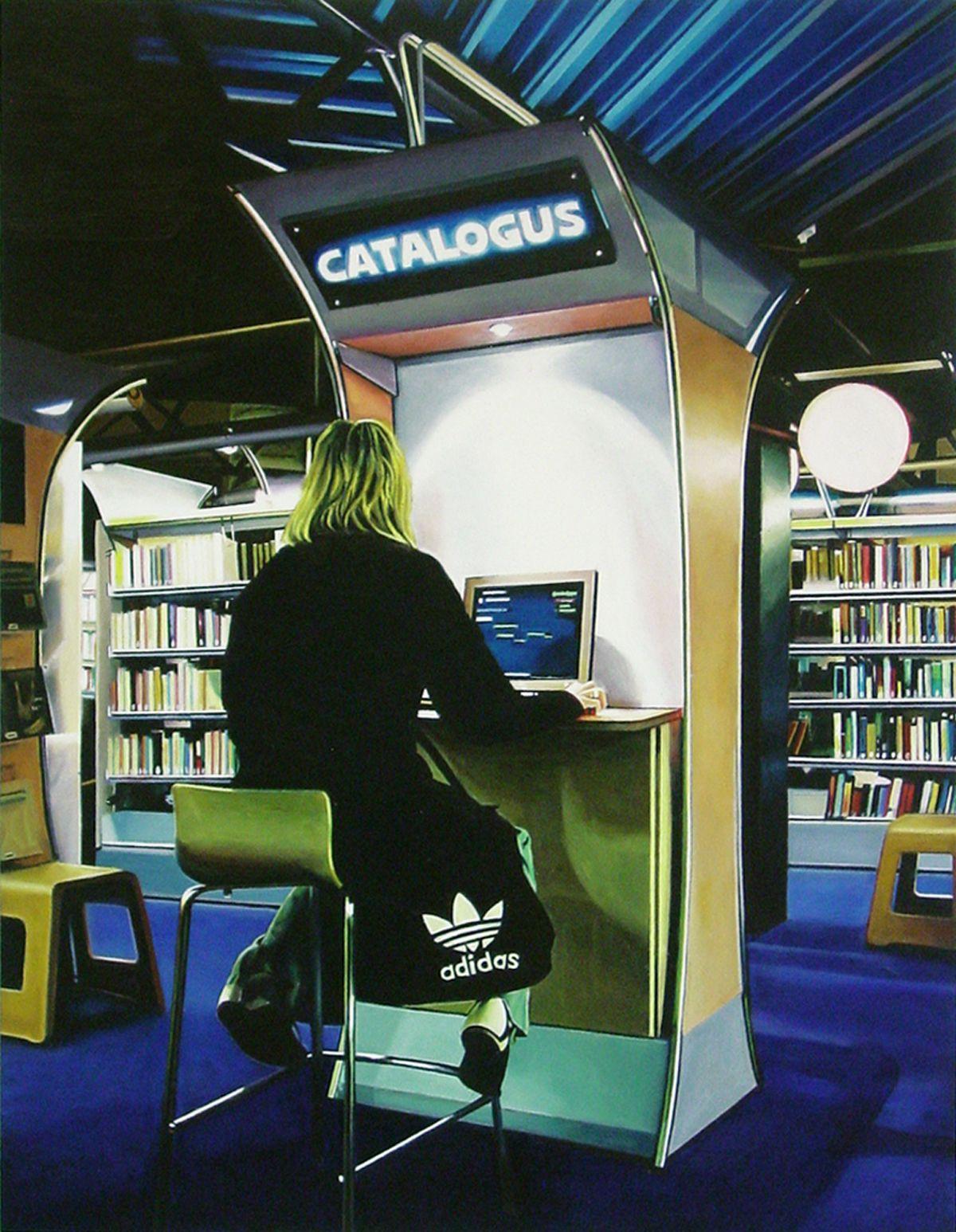 The woman on  my painting is sitting behind a computer in public library.She uses the computer to find the book she would love to read.     Besides images words are the tools we use to think. The more you read, the more words you know and as a