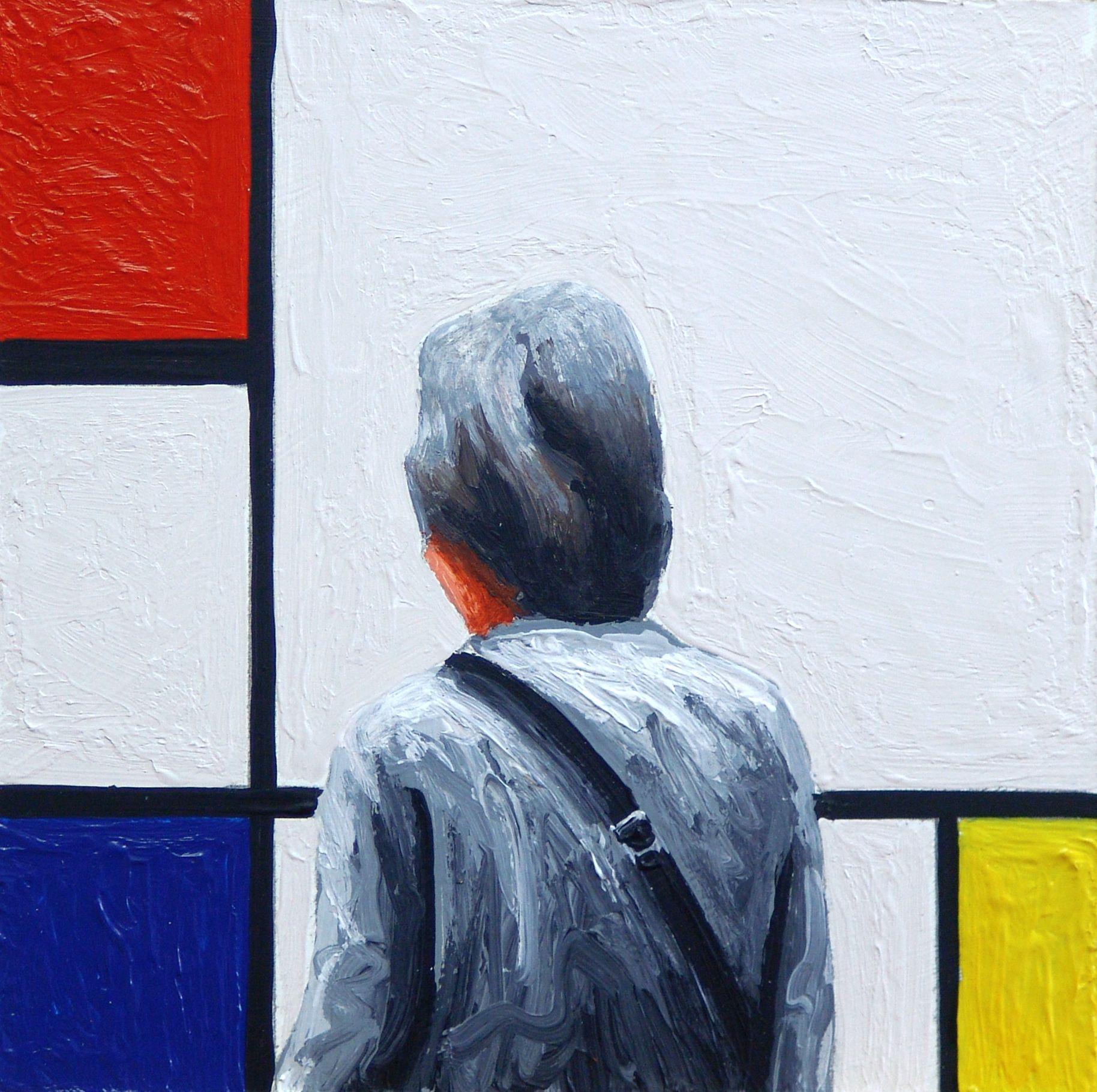 The woman on my painting is enjoying a painting by Piet Mondrian :: Painting :: Realism :: This piece comes with an official certificate of authenticity signed by the artist :: Ready to Hang: No :: Signed: Yes :: Signature Location: Signed on the