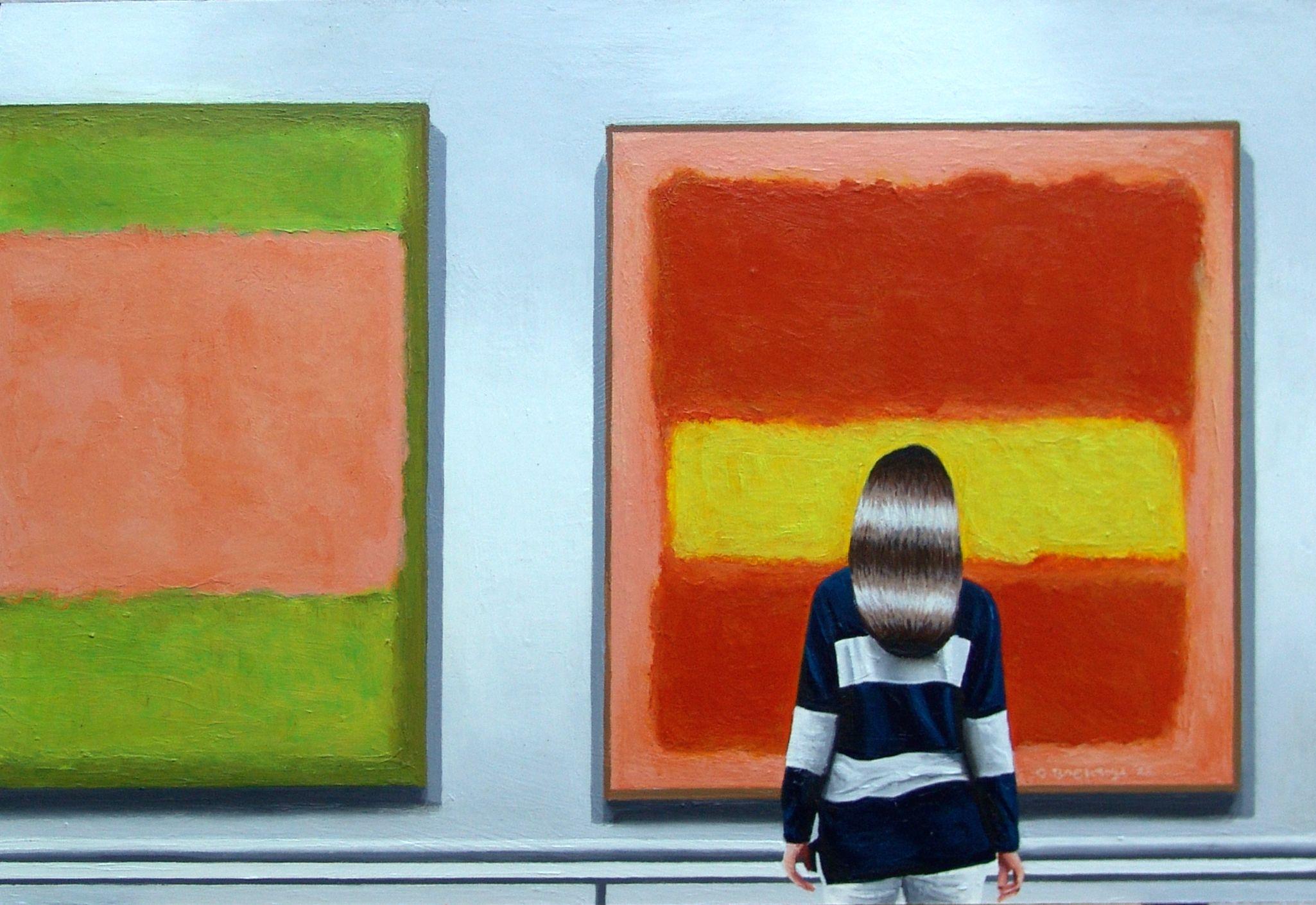 On my painting you see a woman enjoying abstract expressionist paintings by Mark Rothko. Rothko once said that the best way to experience his works is when you viewed them from a very short distance like 12" or 30cm or so. I once did that. Boy, was