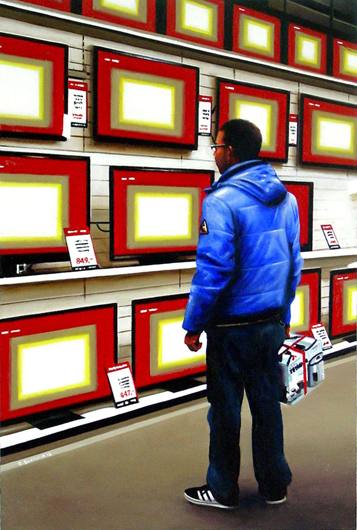 A man is looking to buy a new television in an electronic store. In his hand he's holding a new water boiler or something to that effect.     I like watching tv, but I also realize that tv automatically turns everything into entertainment including