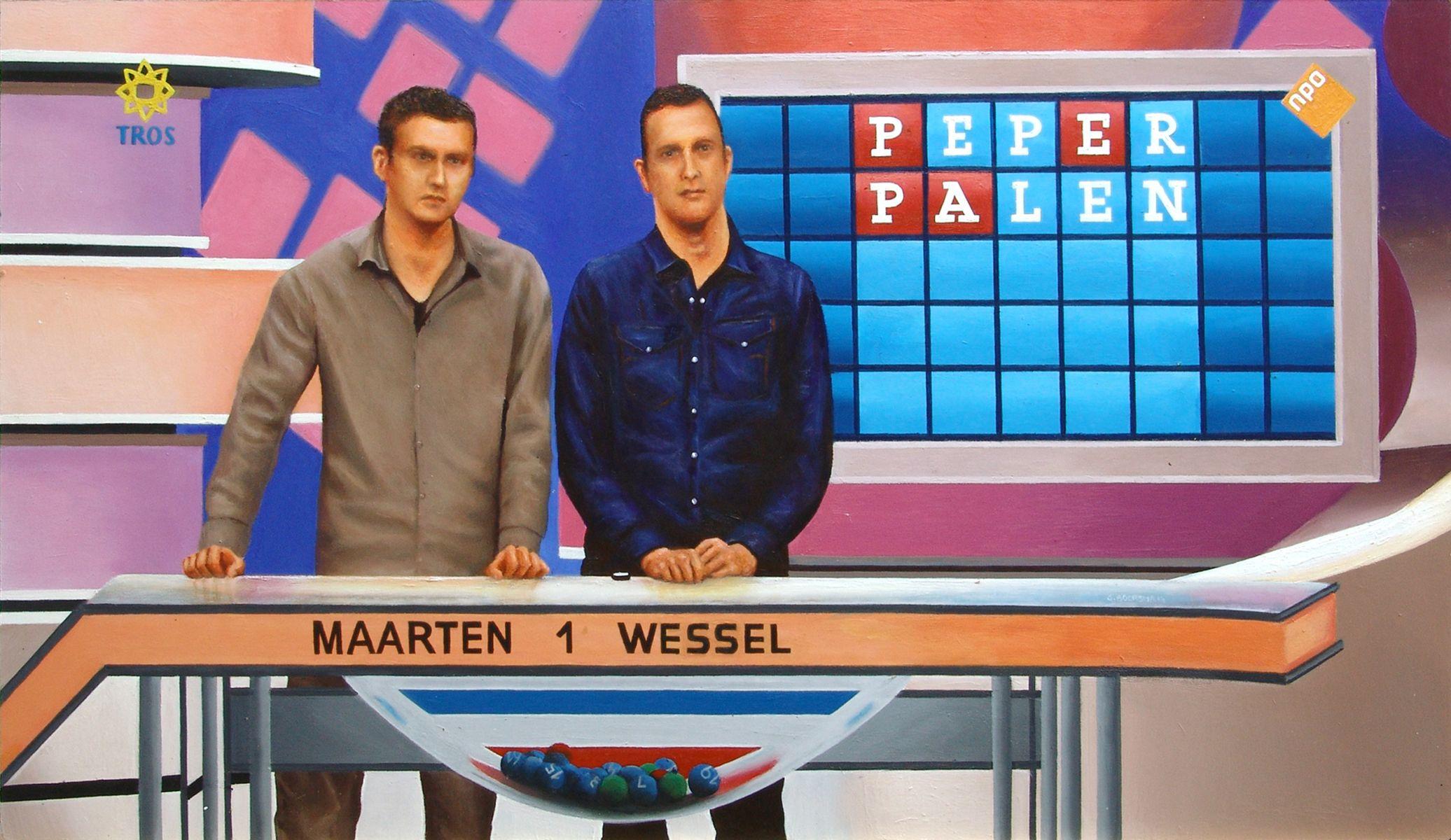 One night while watching television I stumbled upon this gameshow called Lingo where two teams have to guess a word within a maximum of five turns. Here you see team 1 with candidates Maarten and Wessel trying to guess a five letter word that starts