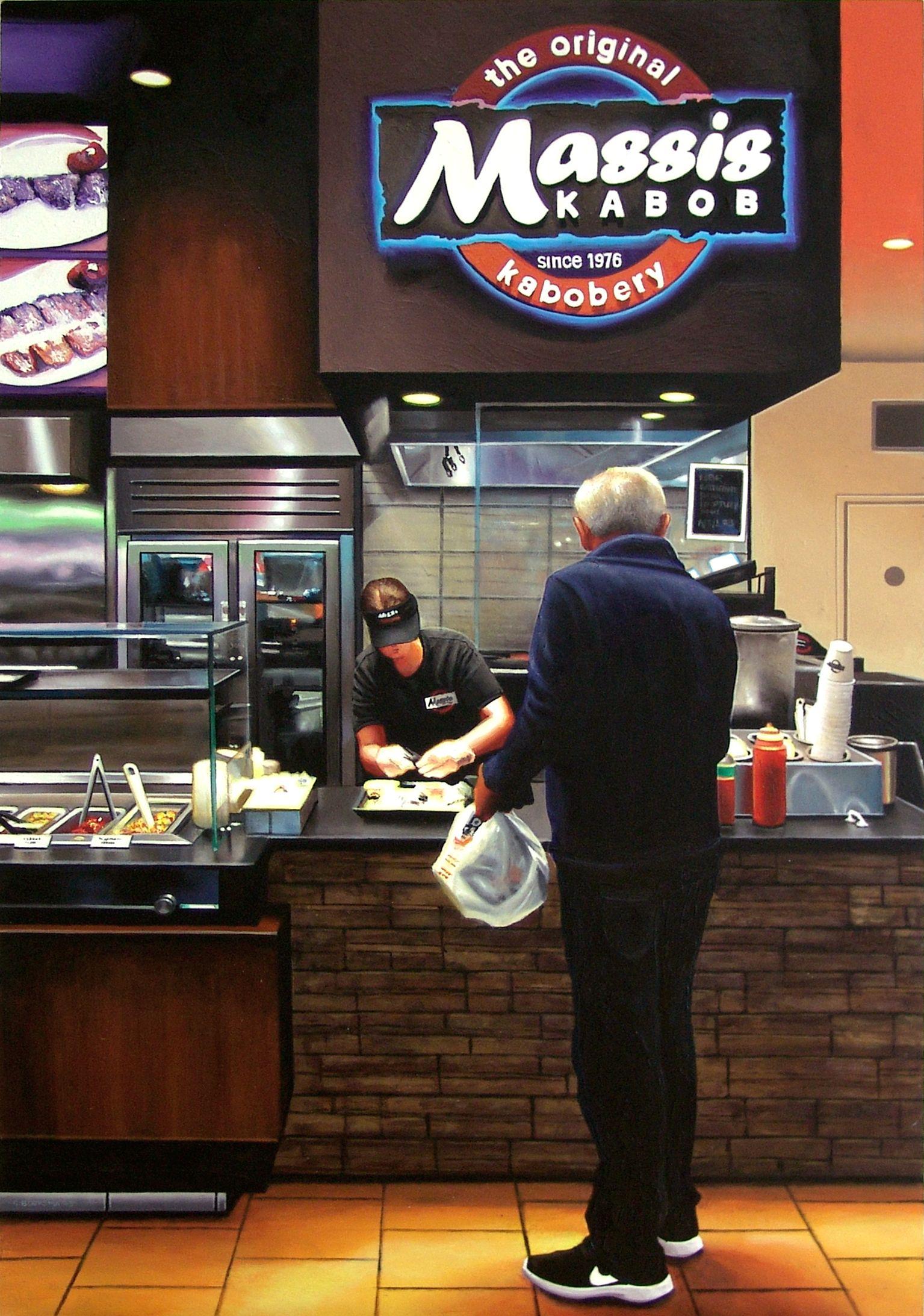 On my painting you see a man waiting for his order at kabobery Massis Kabob in Los Angeles. As a painter I'm interested in these small moments we usually don't think much about. To me they say a whole lot about todays society and the way we