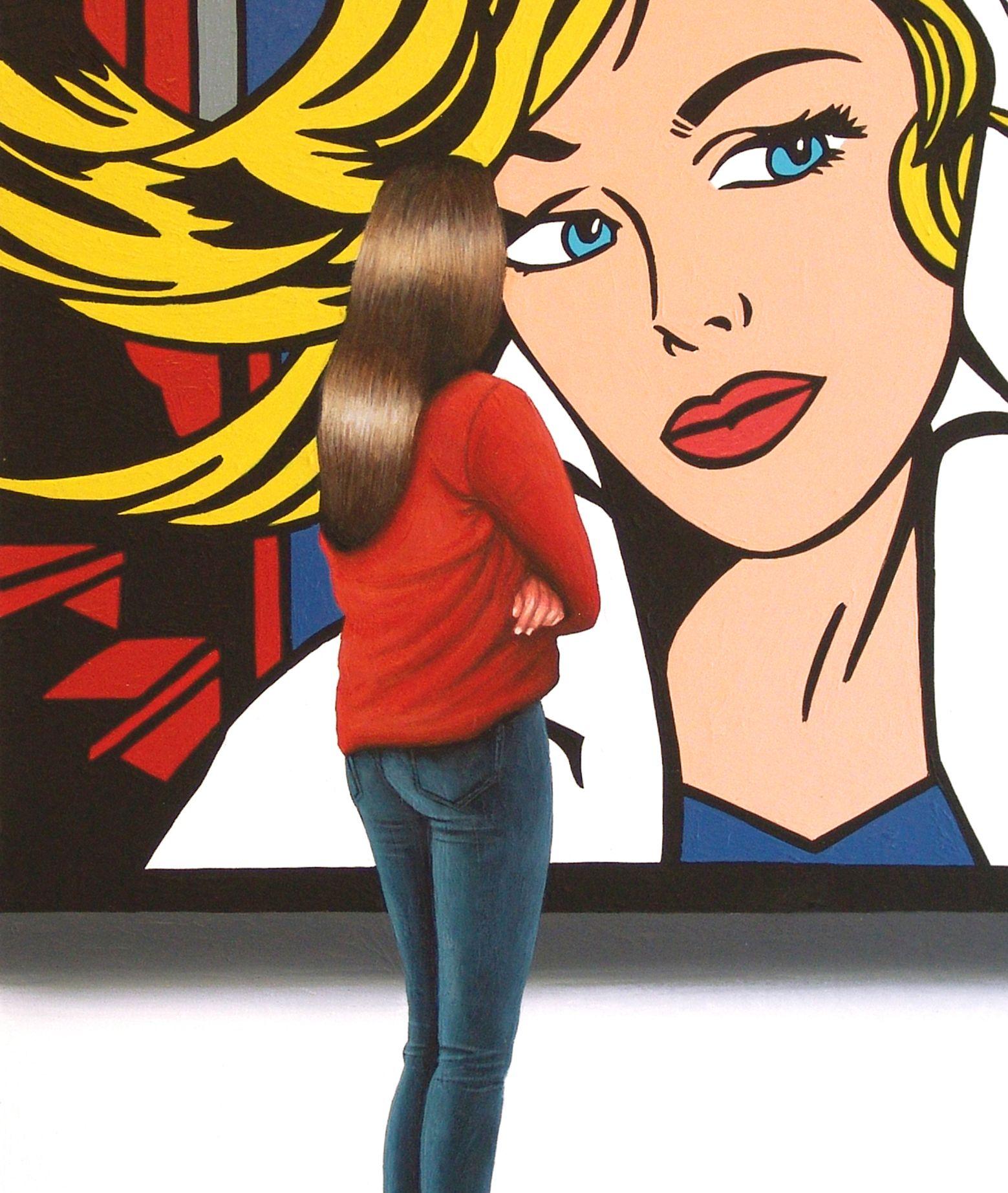 Die Frau auf meinem Bild genießt ein Gemälde von Roy Lichtenstein :: Gemälde :: Fotorealismus :: Dieses Werk wird mit einem offiziellen, vom Künstler unterzeichneten Echtheitszertifikat geliefert :: Bereit zum Aufhängen: Ja :: Signiert: Nein ::  ::