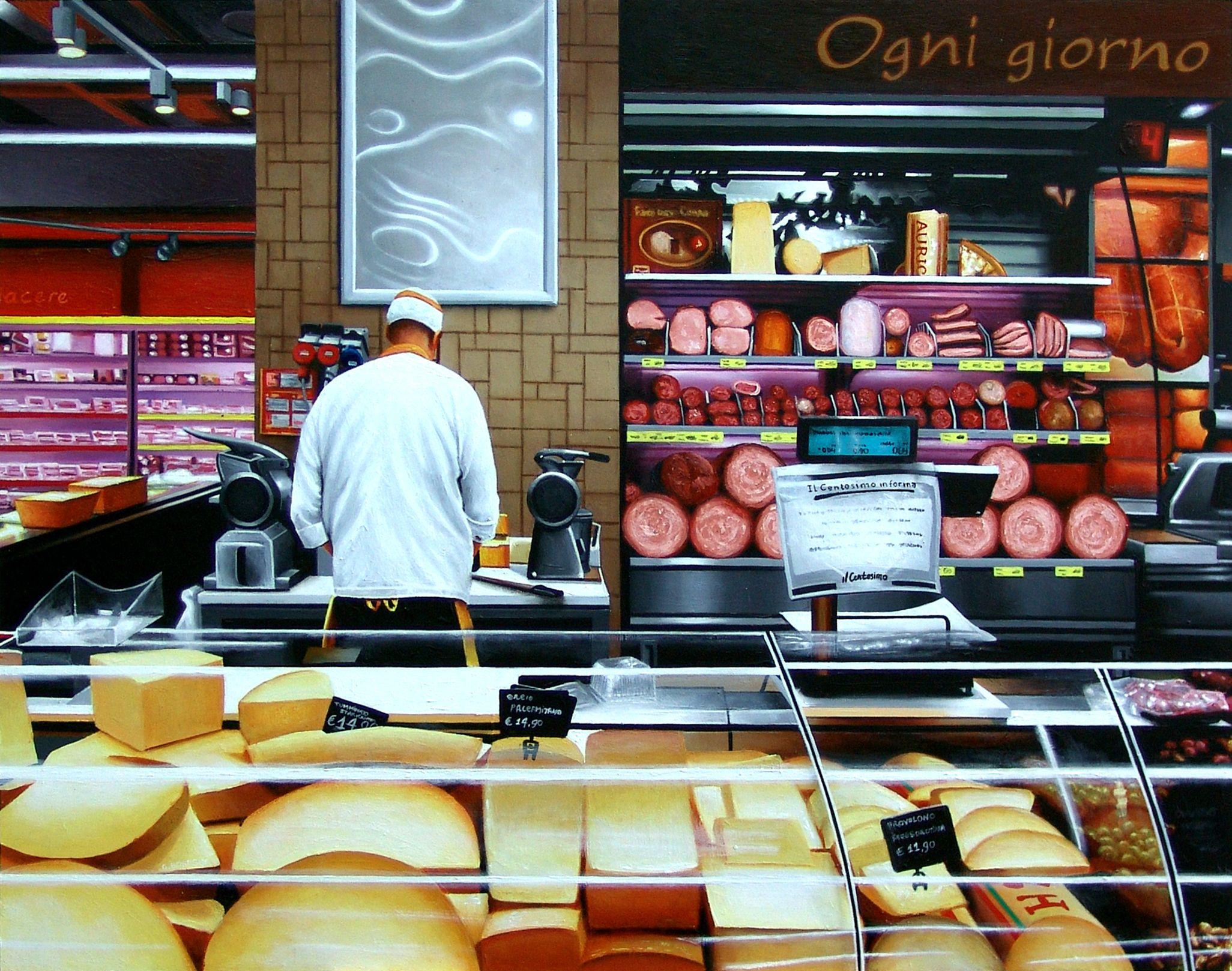 Brand new painting entitled Ogni Giorno, Italian for Every Day. Inspired by a trip to Agrigento, Sicily. It shows a man working in a supermarket. :: Painting :: Photorealism :: This piece comes with an official certificate of authenticity signed by