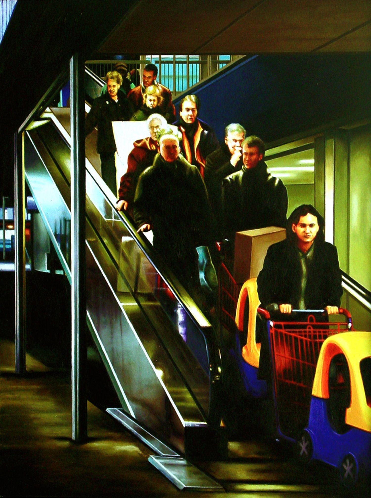 One day I visited the Ikea store in Groningen, The Netherlands where I saw these people leaving the store by escalator with all the stuff they just bought. Somehow I thought the scene was quite dramatic so I decided to paint it. :: Painting ::