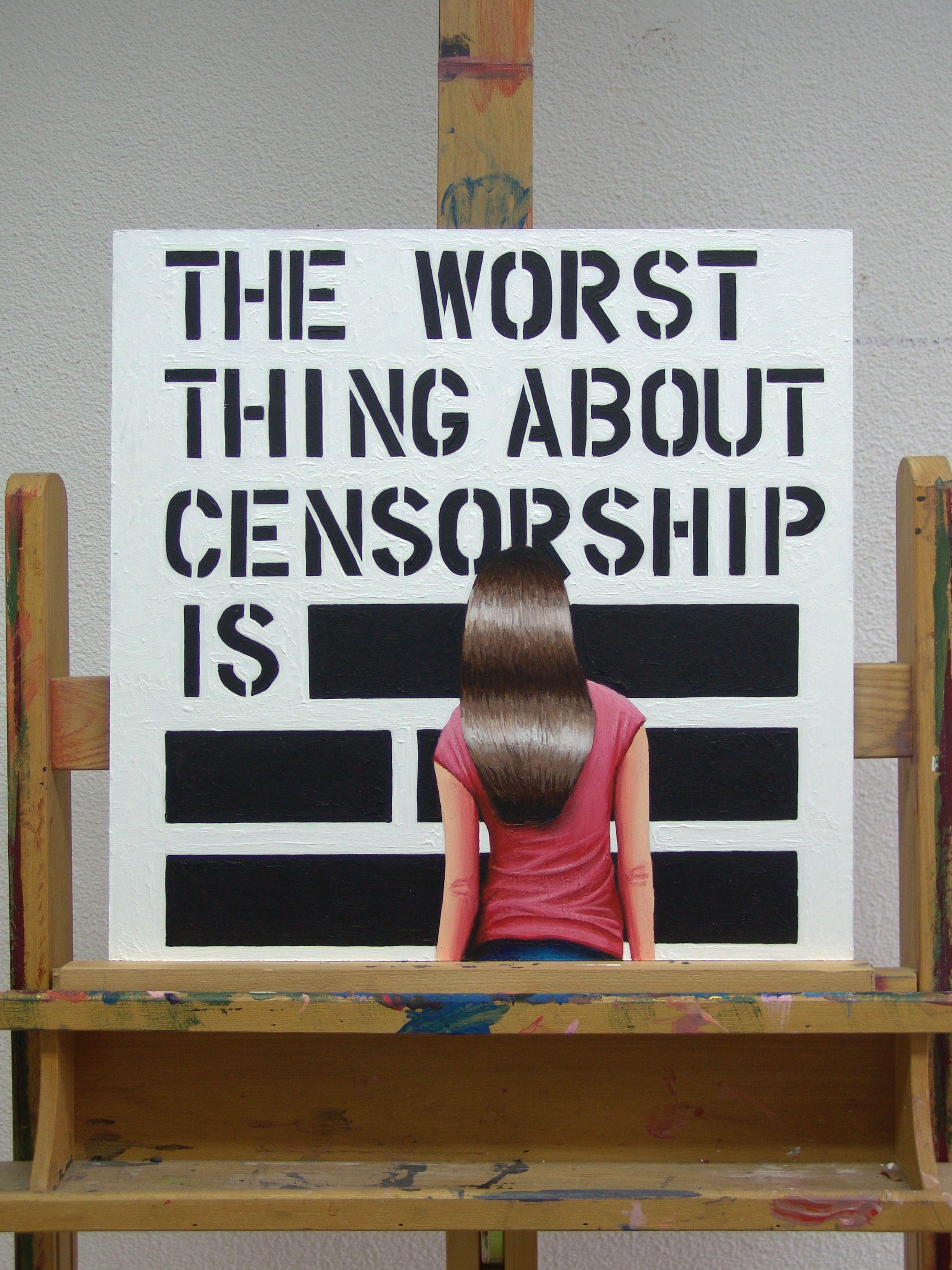 On this painting you see a woman enjoying a Christopher Wool inspired painting on censorship and why it's so bad. I signed the painting beneath the black the square as well as on the reverse. :: Painting :: Photorealism :: This piece comes with an