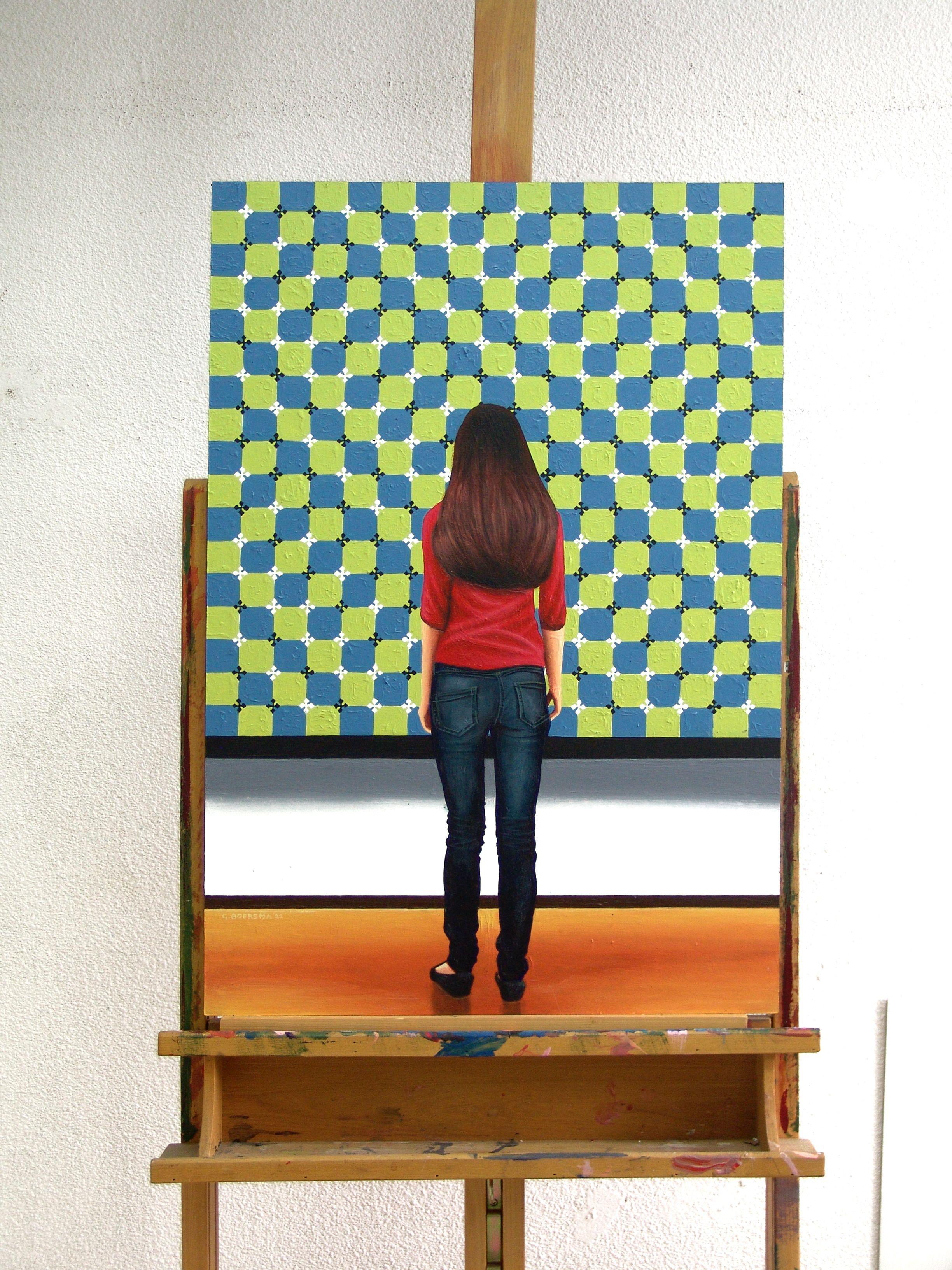 The woman on my painting is enjoying a painting of an optical illusion. I find it fascinating that a still image can move, at least to your mind's eye. :: Painting :: Photorealism :: This piece comes with an official certificate of authenticity