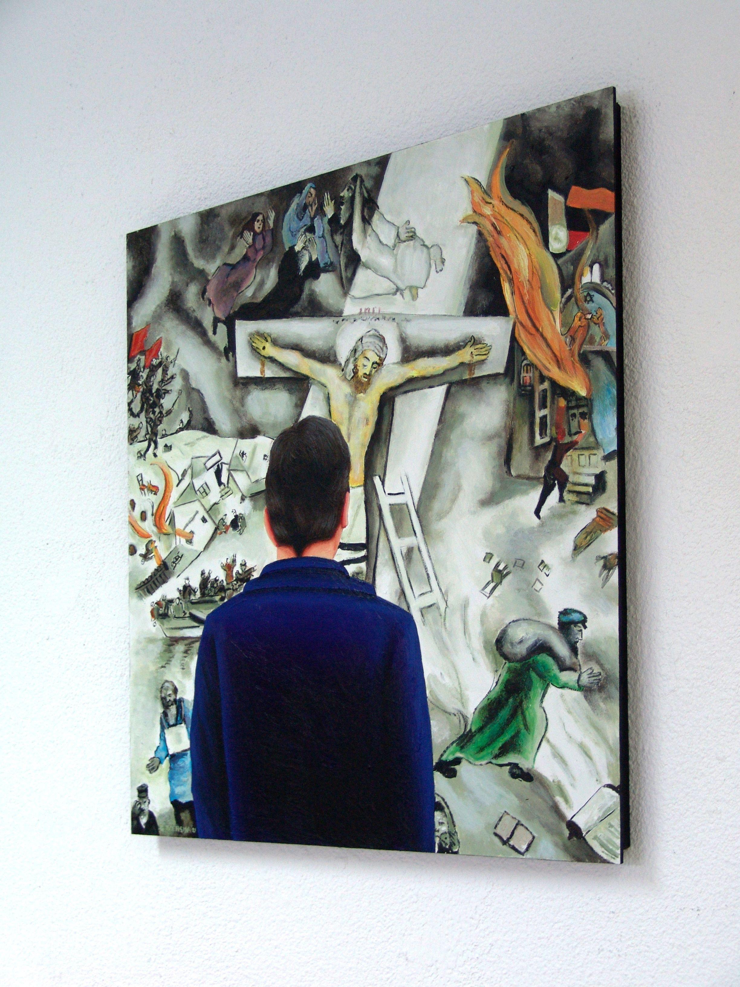 White Crucifixion- Self Portrait With Marc Chagall, Painting, Acrylic on MDF For Sale 1