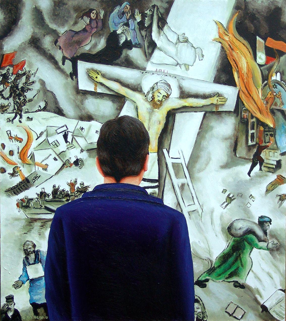 Weiße Kreuzigung – Selbstporträt mit Marc Chagall, Gemälde, Acryl auf MDF – Painting von Gerard Boersma
