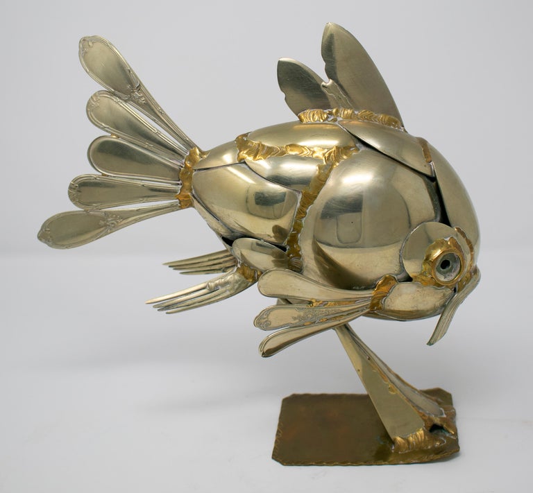 Vase Poisson En Métal Argenté - Peltro Firenze, Vers 1970 - Fait Main