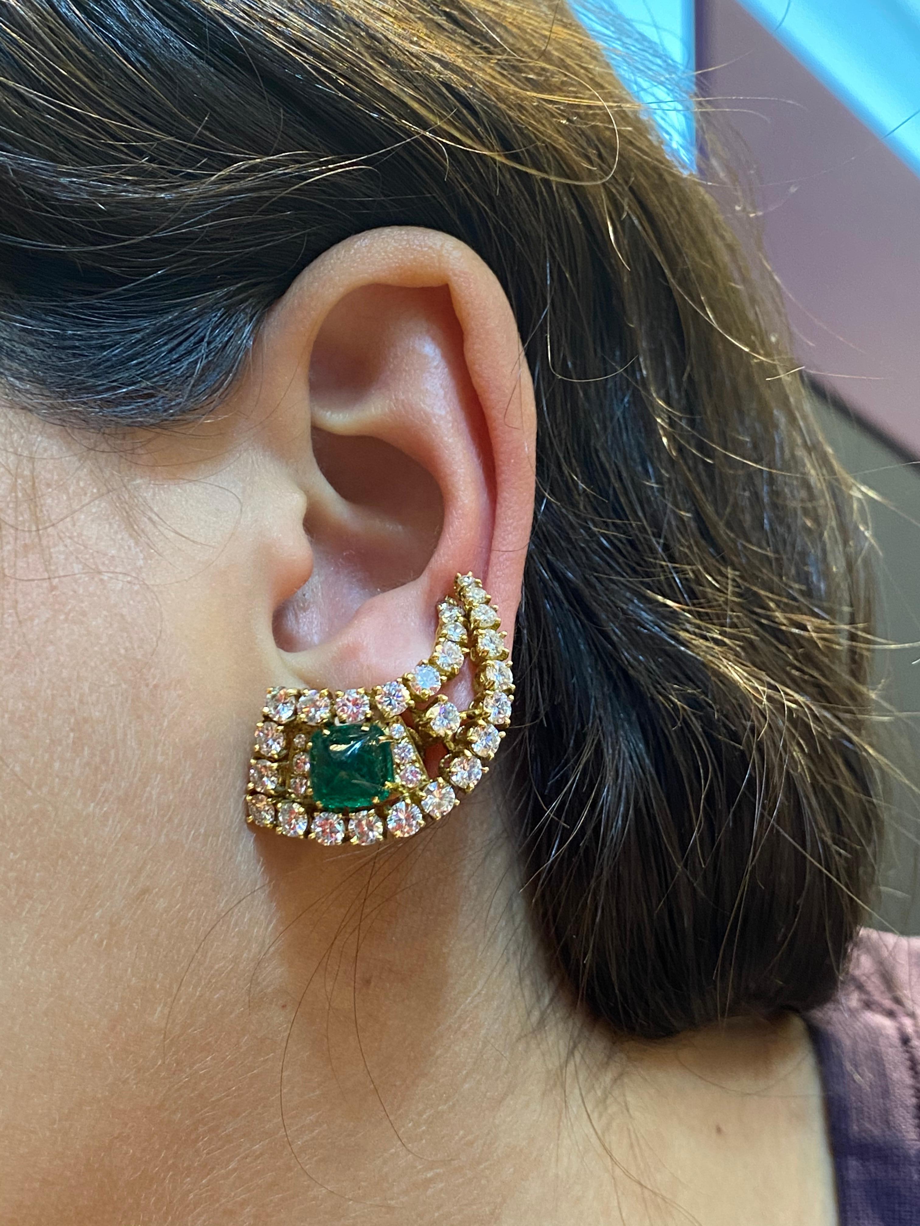 Gerard Cabochon Emerald and Diamond Gold Earrings For Sale 1