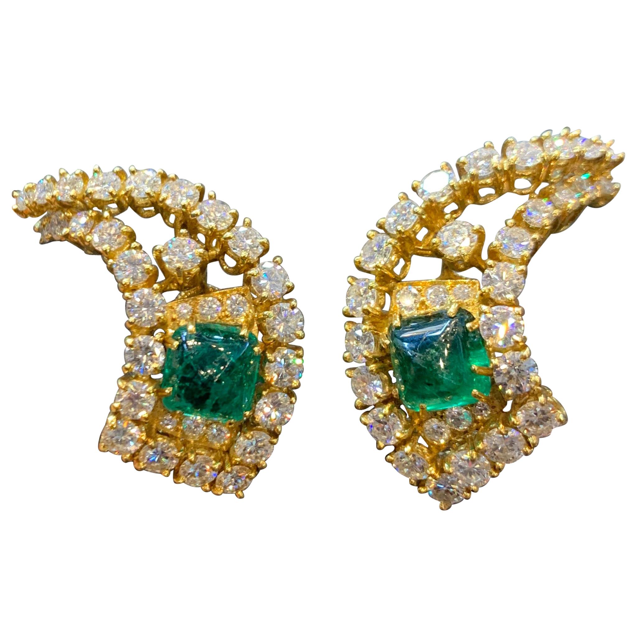 Gerard Cabochon Emerald and Diamond Gold Earrings For Sale