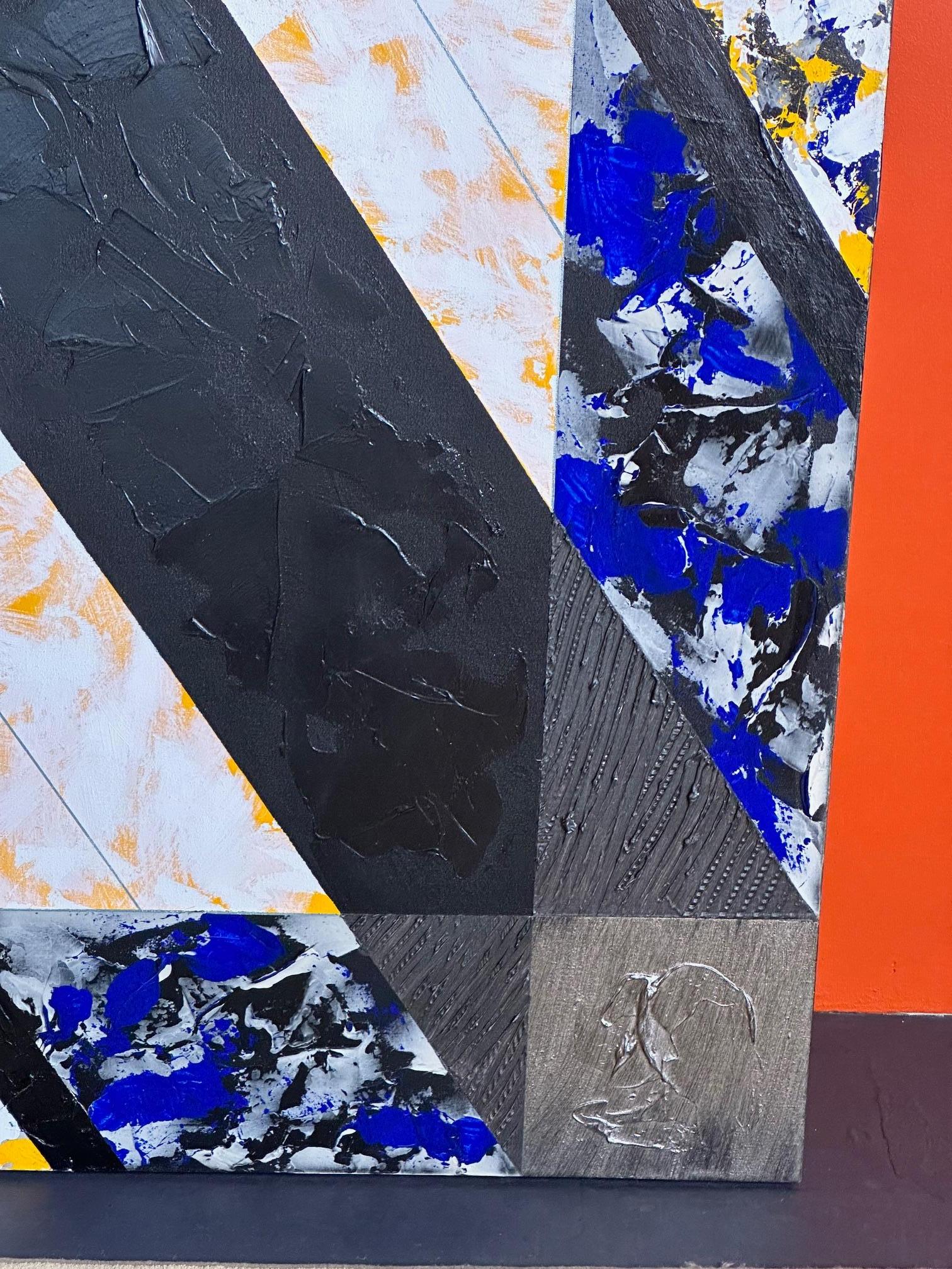Large Contemporary Blue and White Abstract by Gerald Campbell - Black Abstract Painting by Gerard Campbell