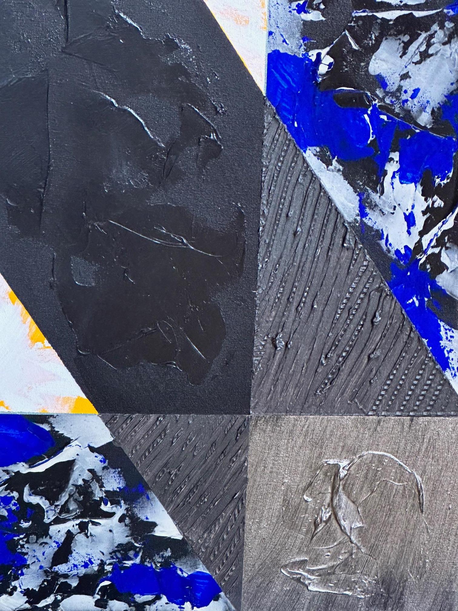 Gerald Campbell’s abstract composition, signed on the reverse and dated 1989 and 1992, is a refined exploration of form, texture, and color. The work is divided into angular, geometric sections, each contributing to a rhythmic visual structure that
