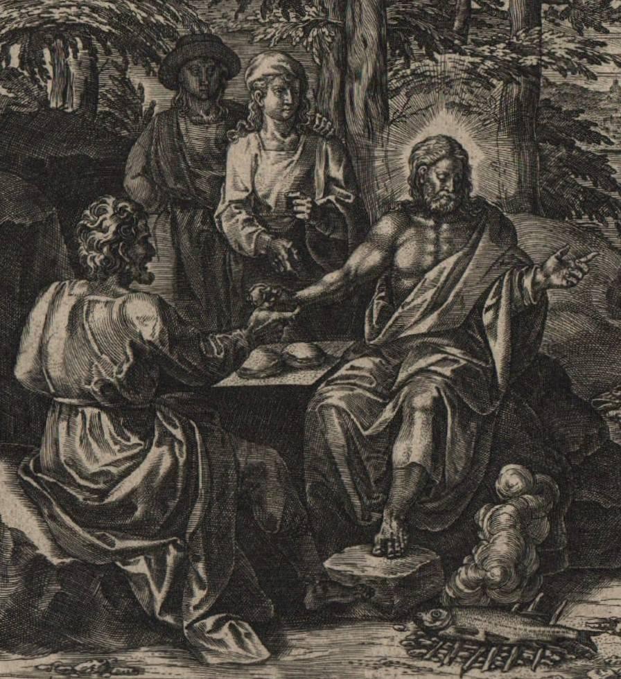 Eating Fish at the Sea of Tiberius - 1585 Old Master Engraving Religious - Print by Gerard de Jode