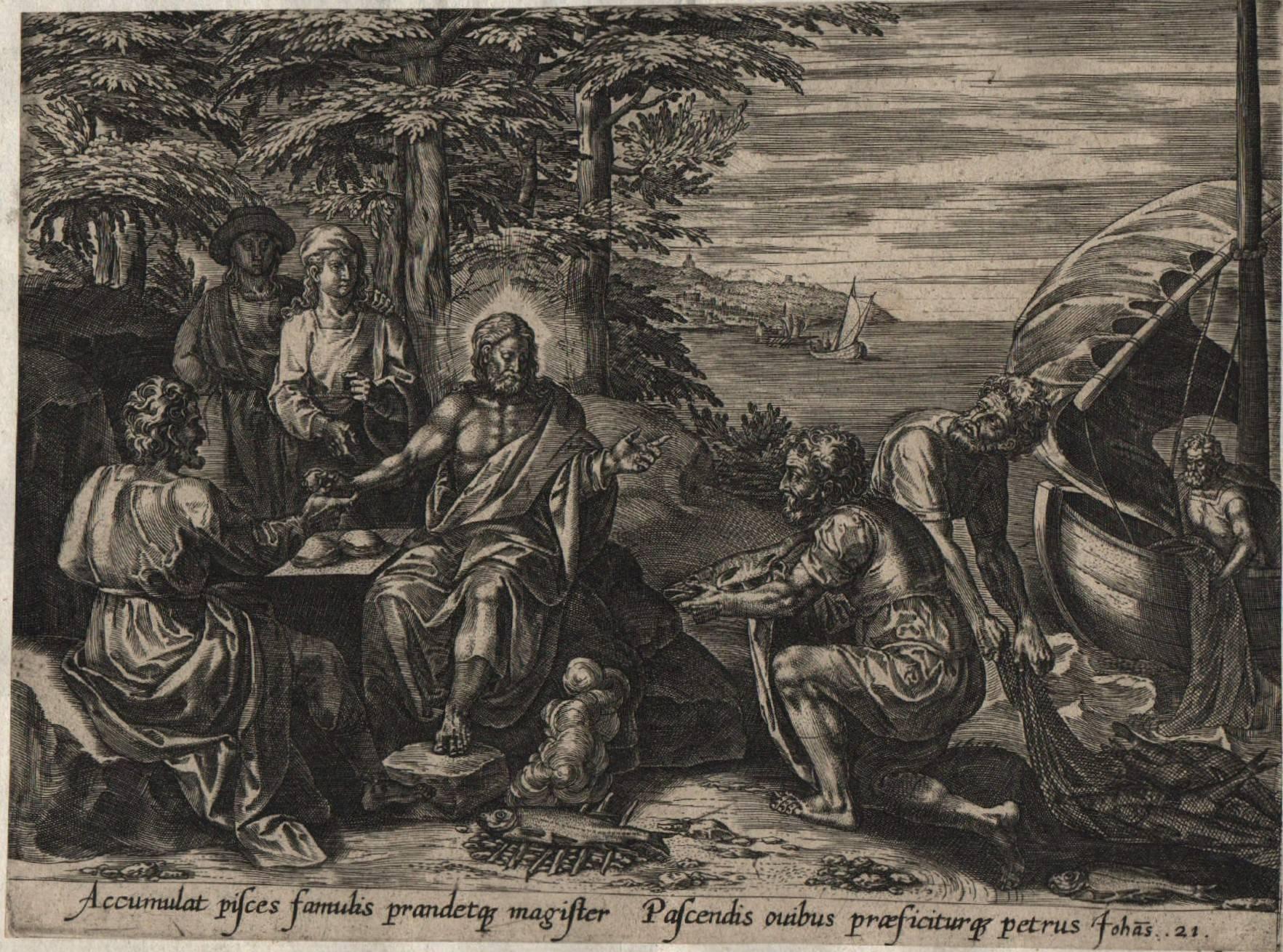 Gerard de Jode Figurative Print - Eating Fish at the Sea of Tiberius - 1585 Old Master Engraving Religious