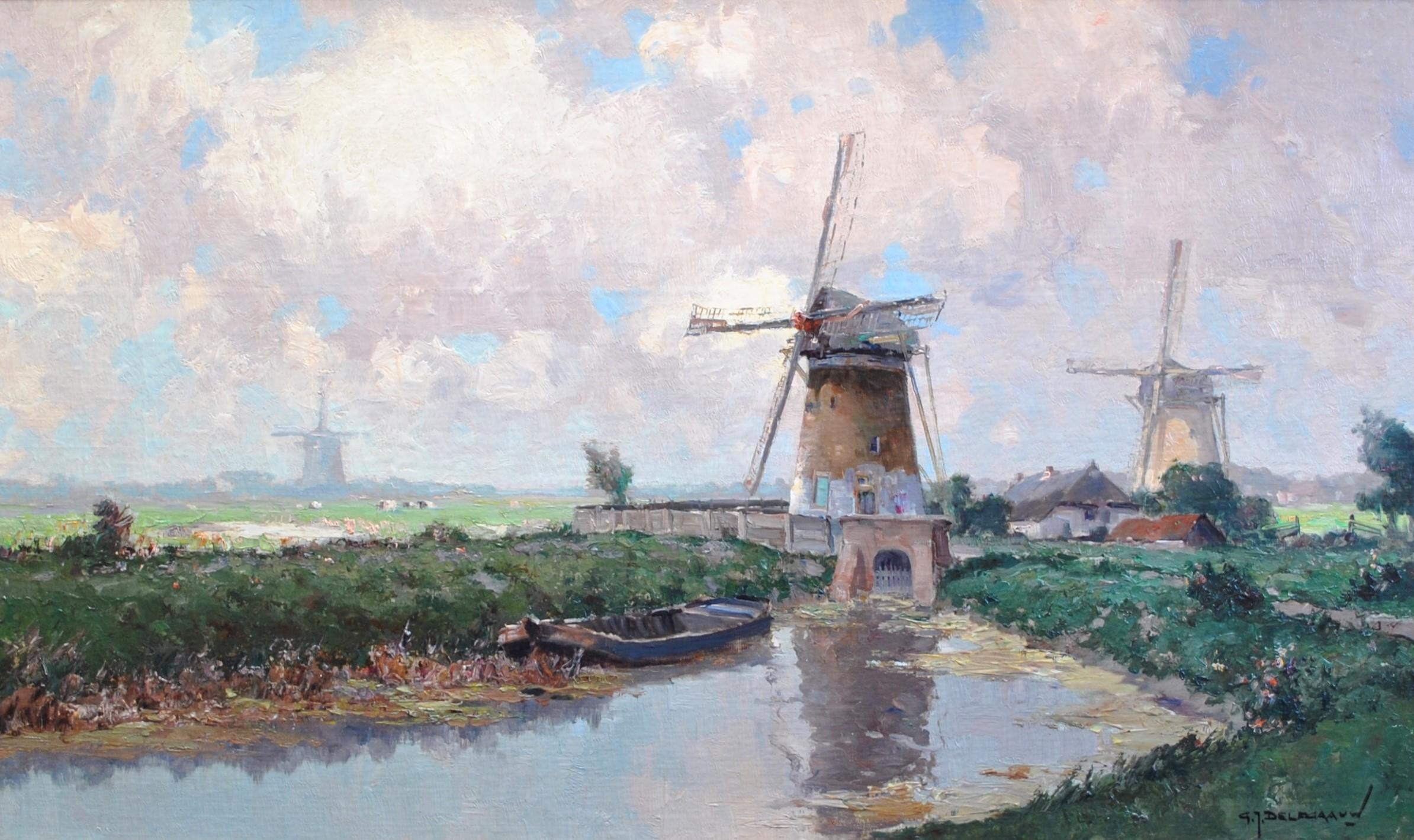 Gerard Delfgaauw Landscape Painting - Dutch landscape with windmills