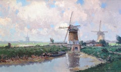 Antique Dutch landscape with windmills