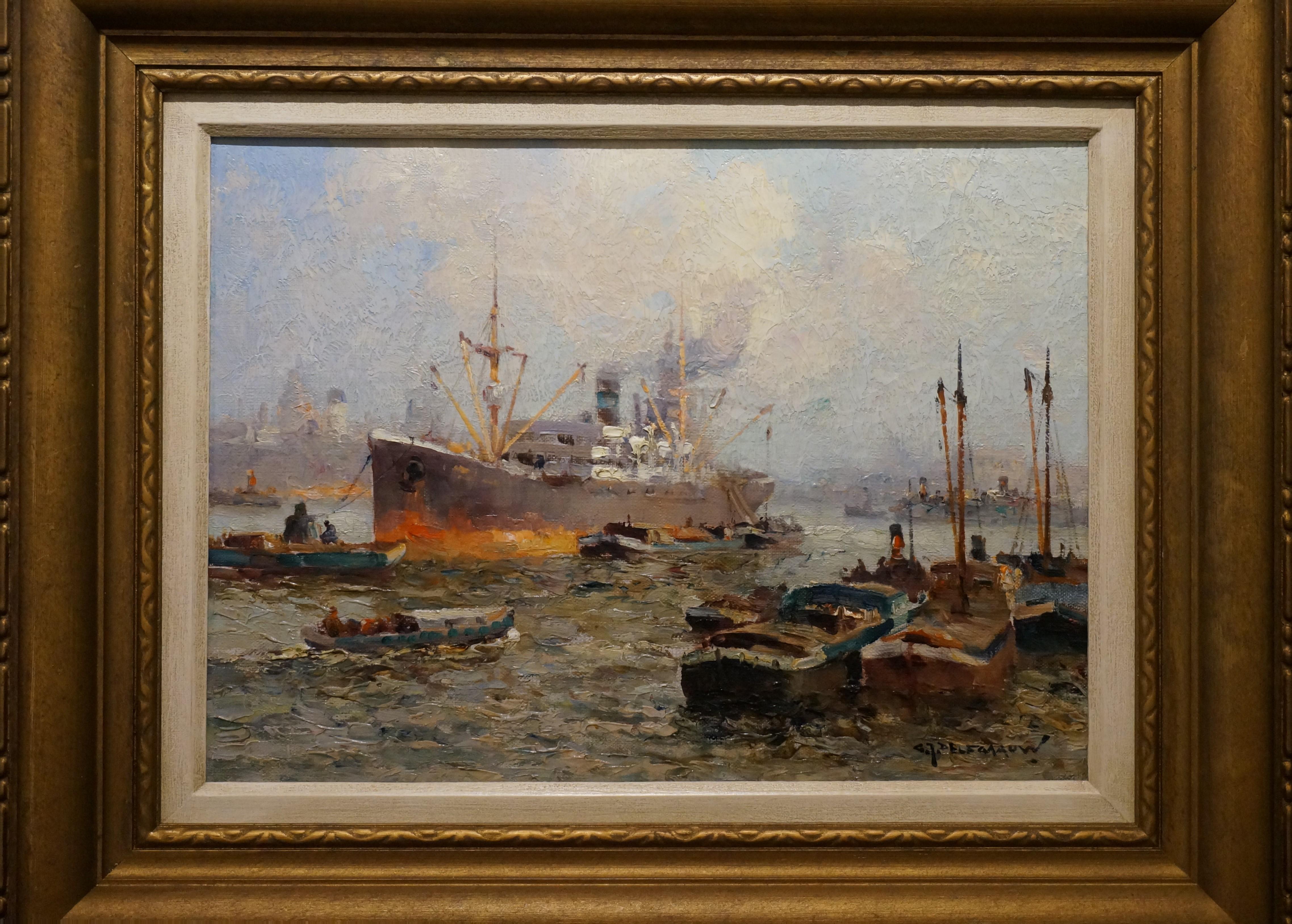 Harbor view Rotterdam - Impressionist Painting by Gerard Delfgaauw