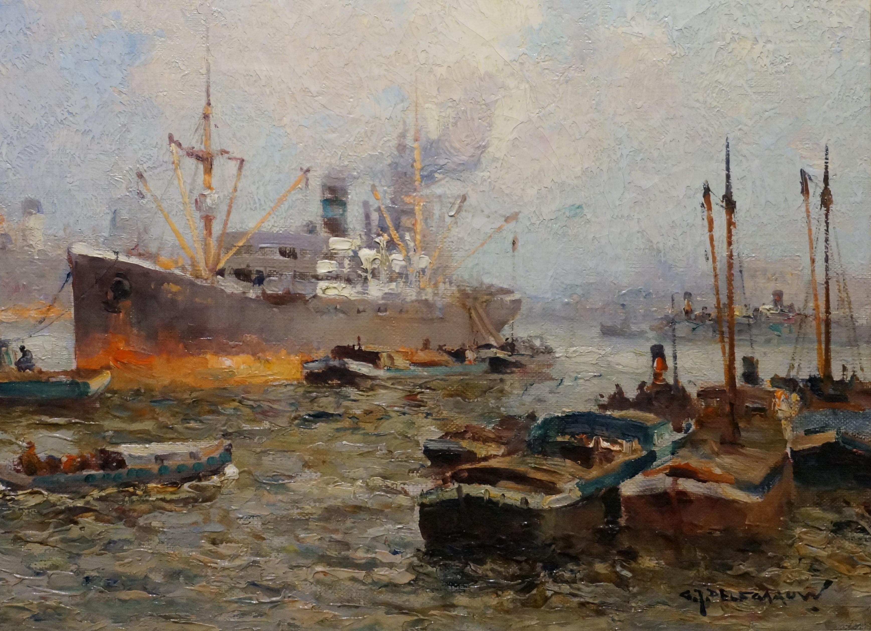 Gerardus Johannes Delfgaauw, (Monster, April 2, 1882 – Rijswijk, October 21, 1947) 
An impression of a harbour – the Rotterdam harbour Rijnhaven – with a coaster and several smaller ships.
Signed in the lower right corner G.J. Delfgaauw.
Oil on