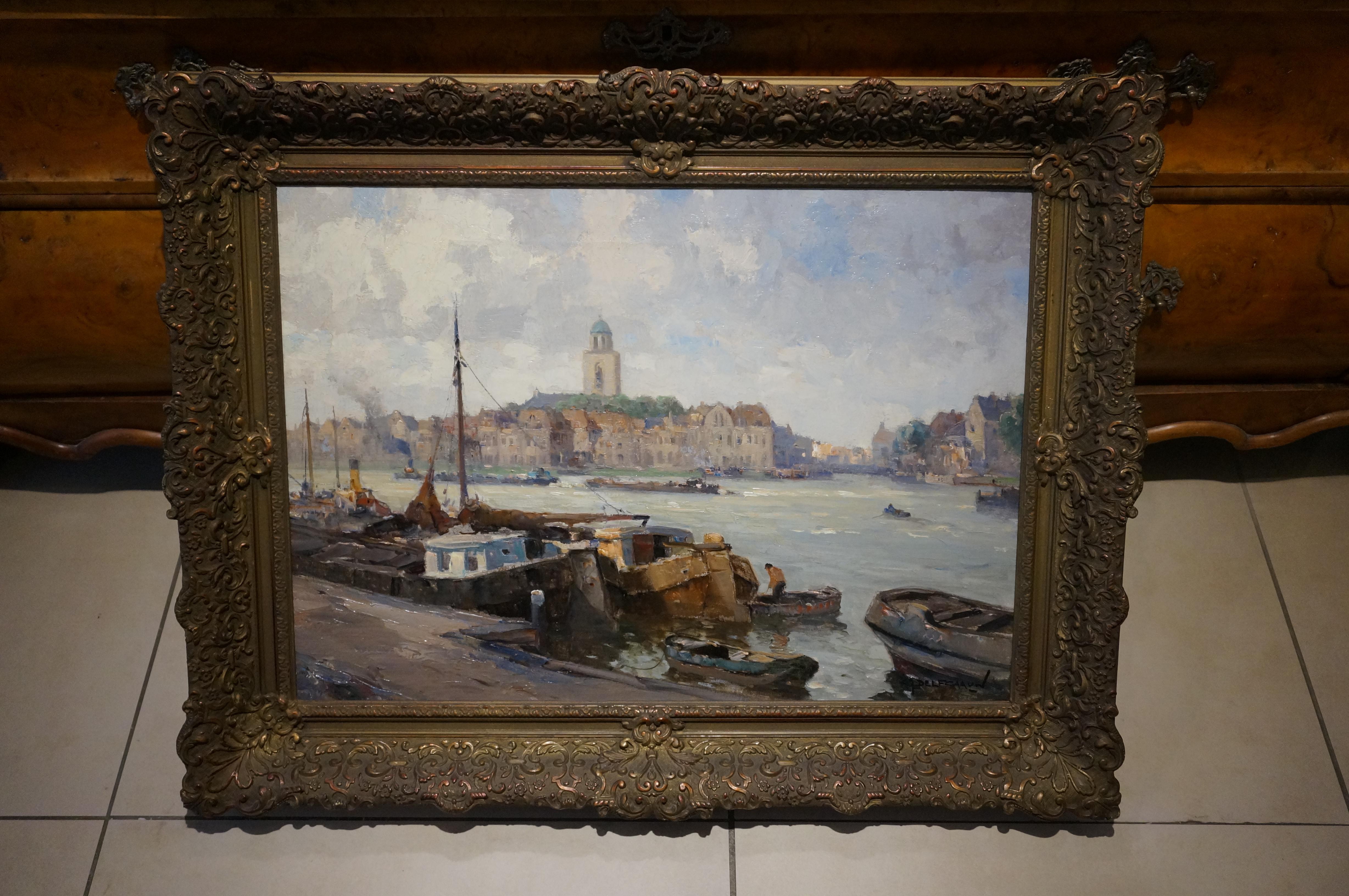 Peinture ancienne Paysage urbain néerlandais, huile sur toile en vente 4