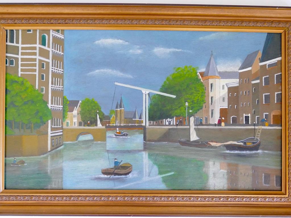 Hollands Canal Face with Figs is a splendid oil paint on panel realized by the Dutch artist Gerard Diepeveen . 

Beautiful and suggestive view of Dutch canals. 

Dimensions: cm 35 x 60. The painting is in fine conditions and mounted in an elegant