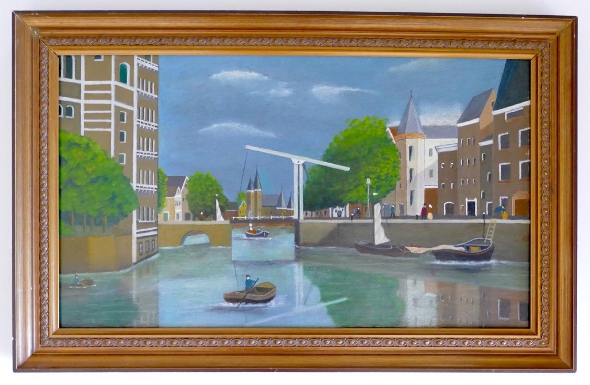 Hollands Canal Face with Figs est une splendide peinture à l'huile sur panneau réalisée par l'artiste néerlandais Gerard Diepeveen . 

Vue magnifique et suggestive des canaux néerlandais. 

Dimensions : cm 35 x 60. Le tableau est en bon état et