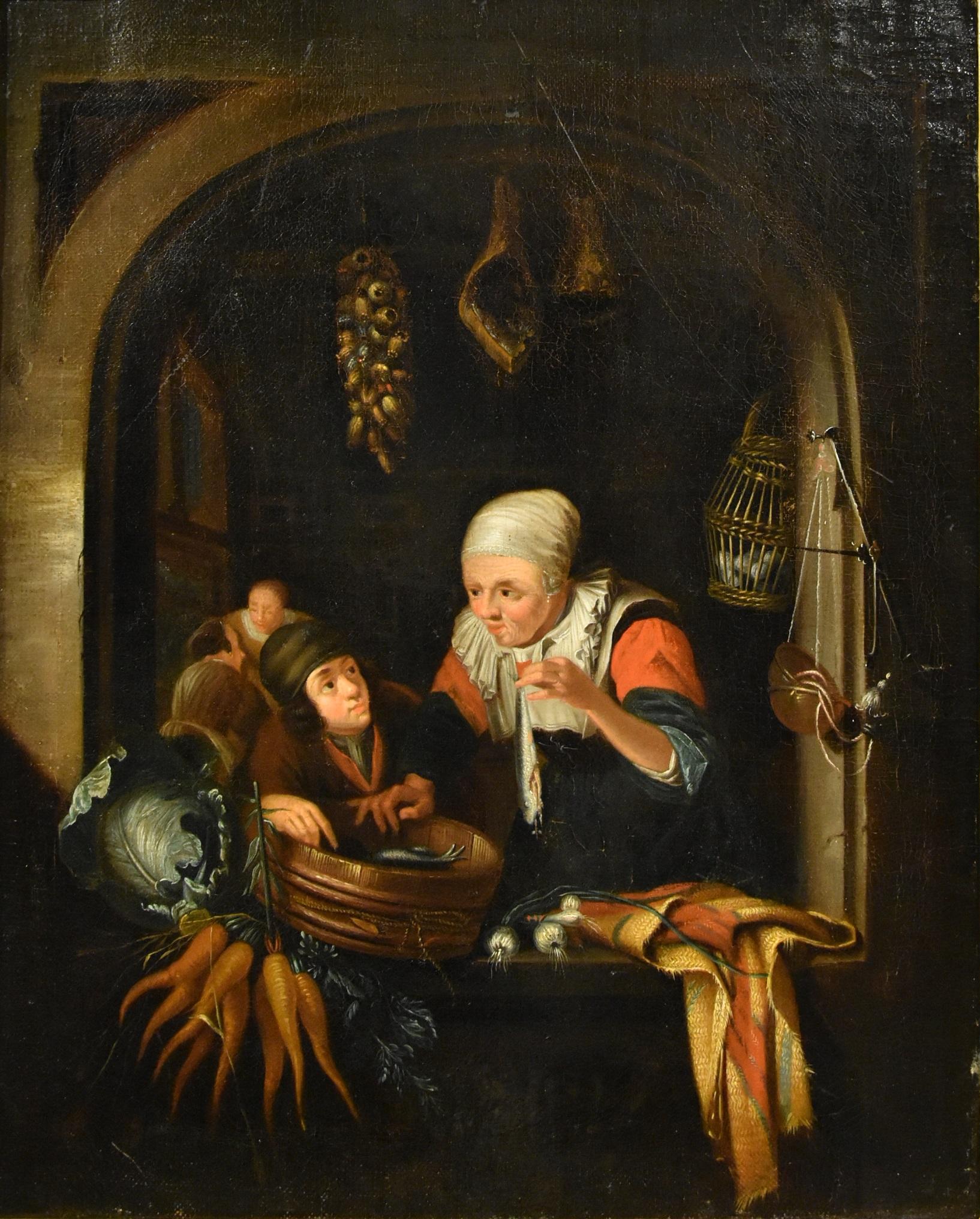 Follower of Gerard Dou (Leiden 1613 - 1675)
Pair of genre scenes at the window
b) Old woman at the window, next to her a boy playing by catching a mouse
a) Seller of herring with child in the arch of a window

Early 18th century
Oil on canvas, 47 x