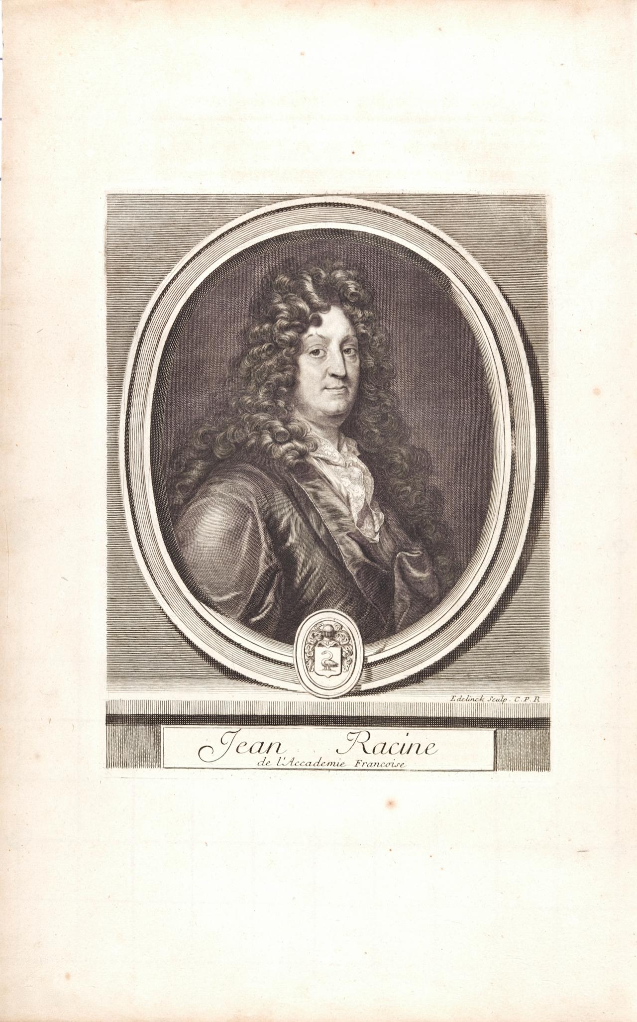 Jean Racine Portrait: 17th C. Engraving by Edelinck in Perrault's Les Hommes - Print by Gerard Edelinck