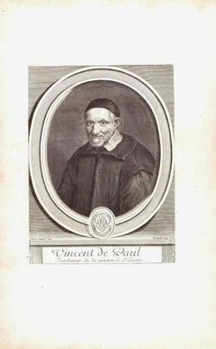 Vincent de Paul Portrait: 17th C. Engraving by Edelinck in Perrault's Les Hommes
