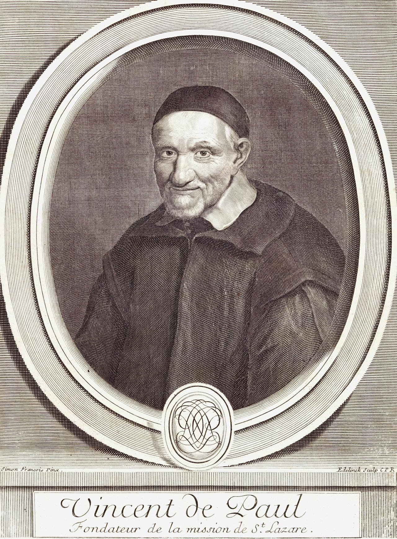 Retrato de Vicente de Paúl: grabado del siglo XVII de Edelinck en Les Hommes de Perrault