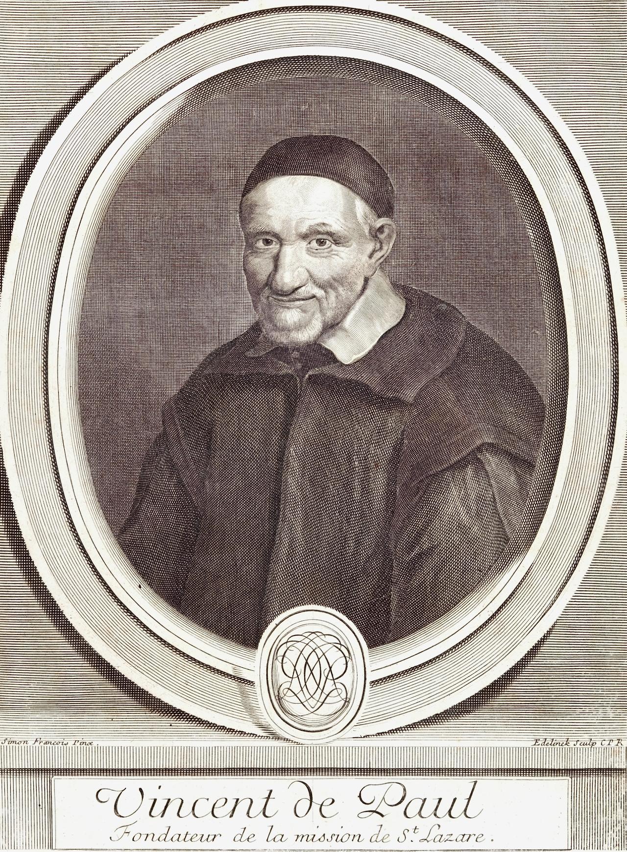 Portrait de Vincent de Paul : gravure du XVIIe siècle d'Edelinck dans Les Hommes de Perrault