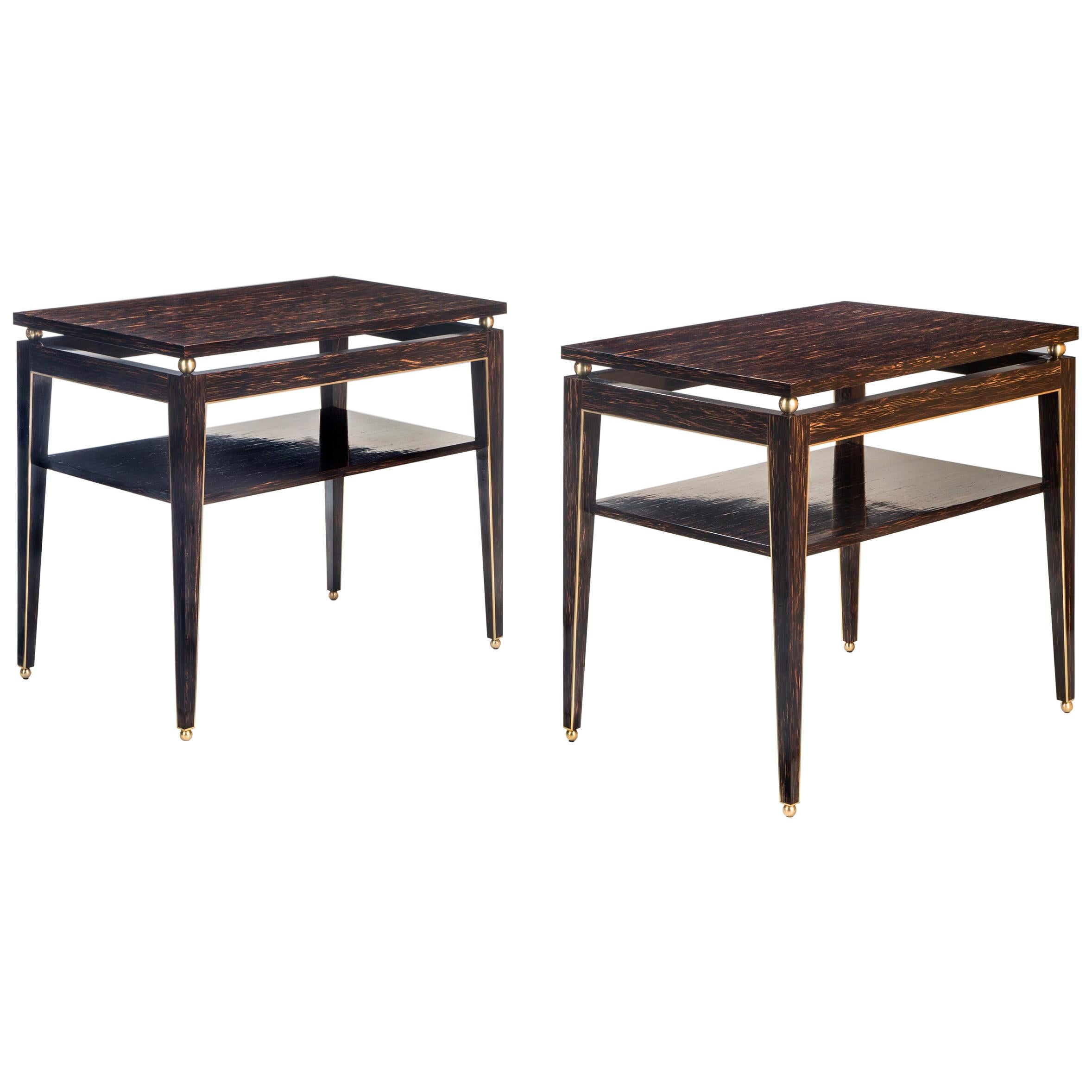 Gerard Feretti, Pair of Versatile Brass Mounted Palm Wood Tables For Sale
