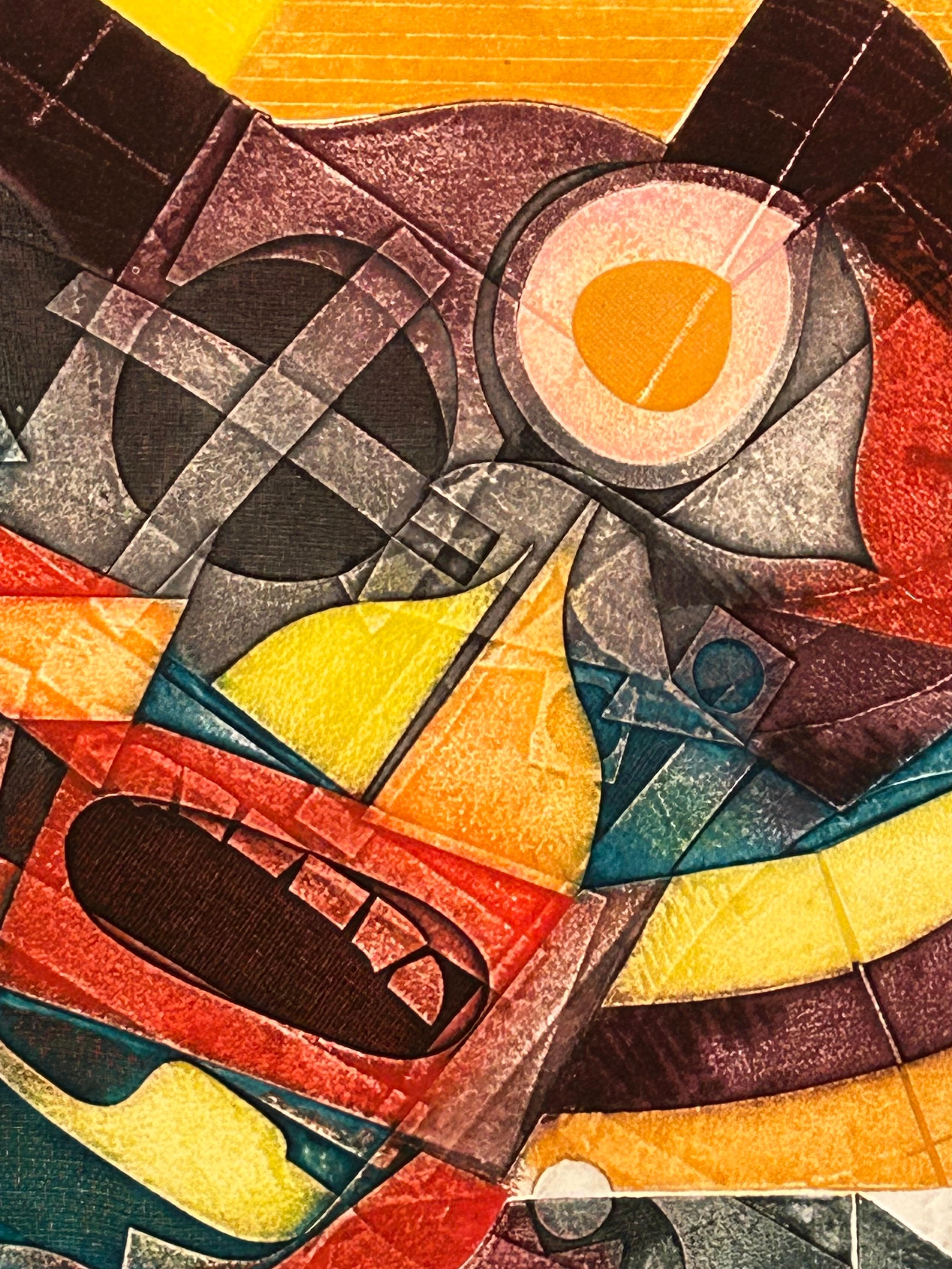 Eine geprägte Lithografie des französischen Künstlers Gerard Fitremann, die abstrakte Formen und leuchtende Farben zeigt. Das Werk ist signiert und nummeriert und Teil einer limitierten Auflage.
Gerard Fitremann, ein renommierter französischer